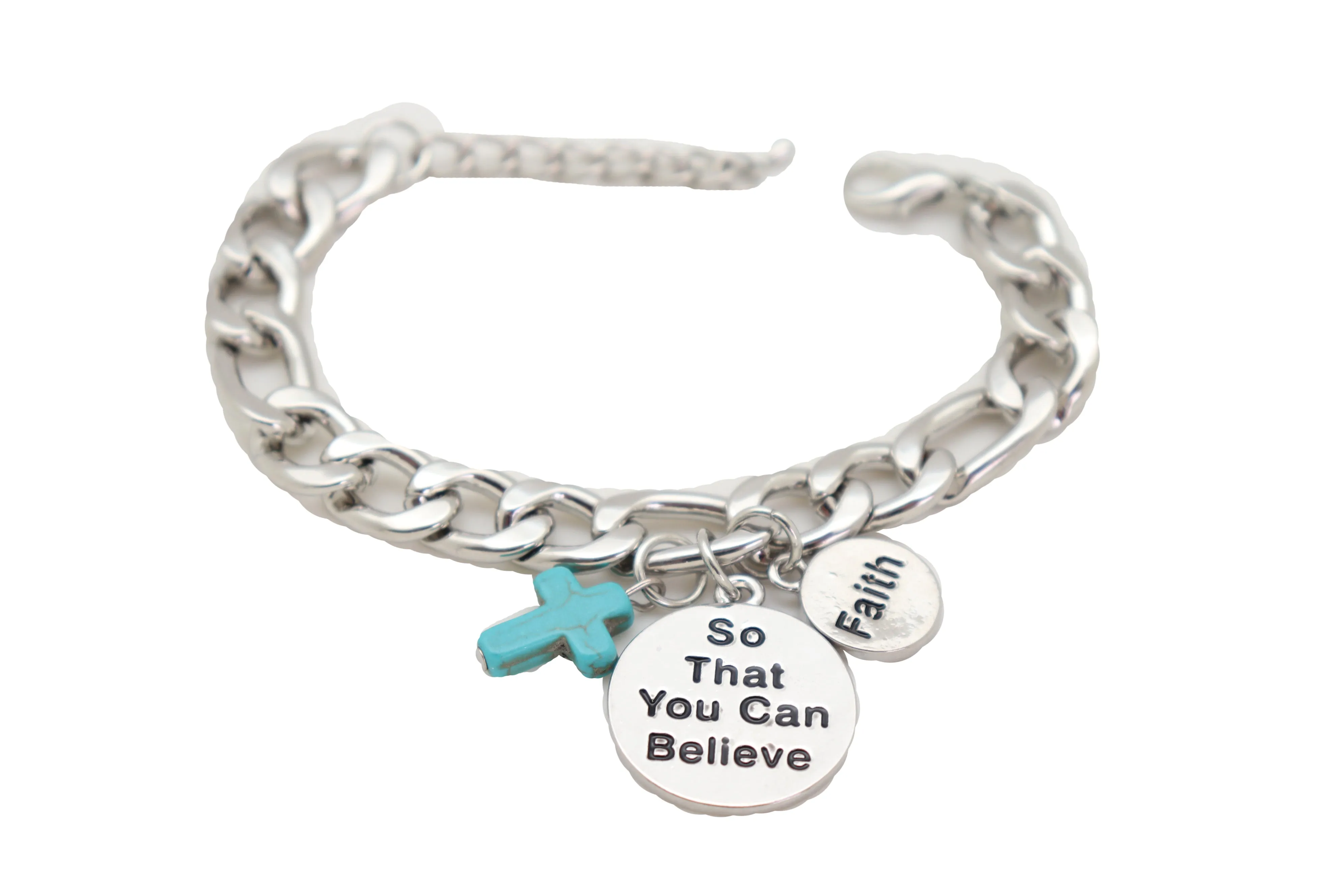 Silver Chain Bracelet FAITH BELIEVE Charms Turquoise Blue Religious Cross