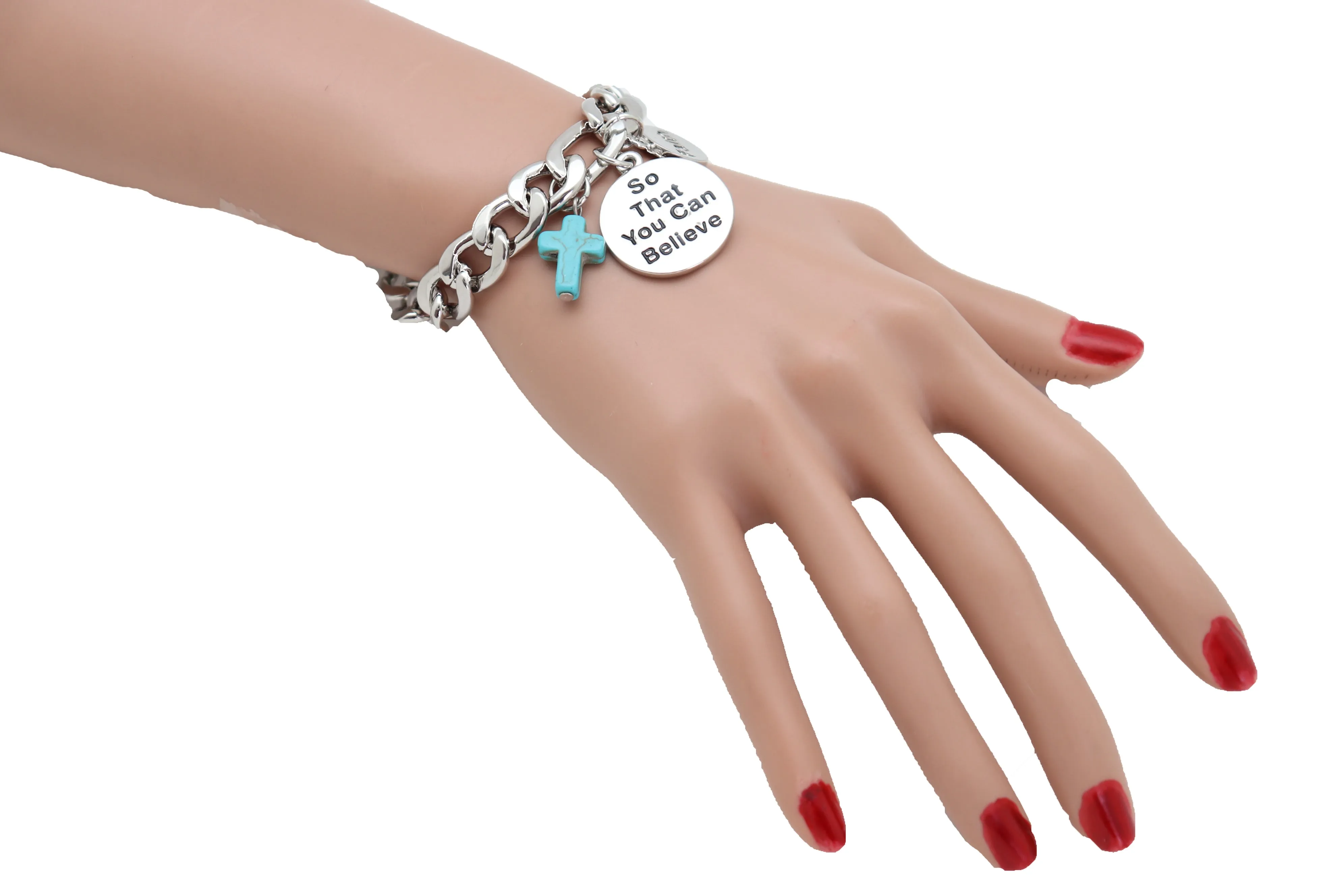Silver Chain Bracelet FAITH BELIEVE Charms Turquoise Blue Religious Cross