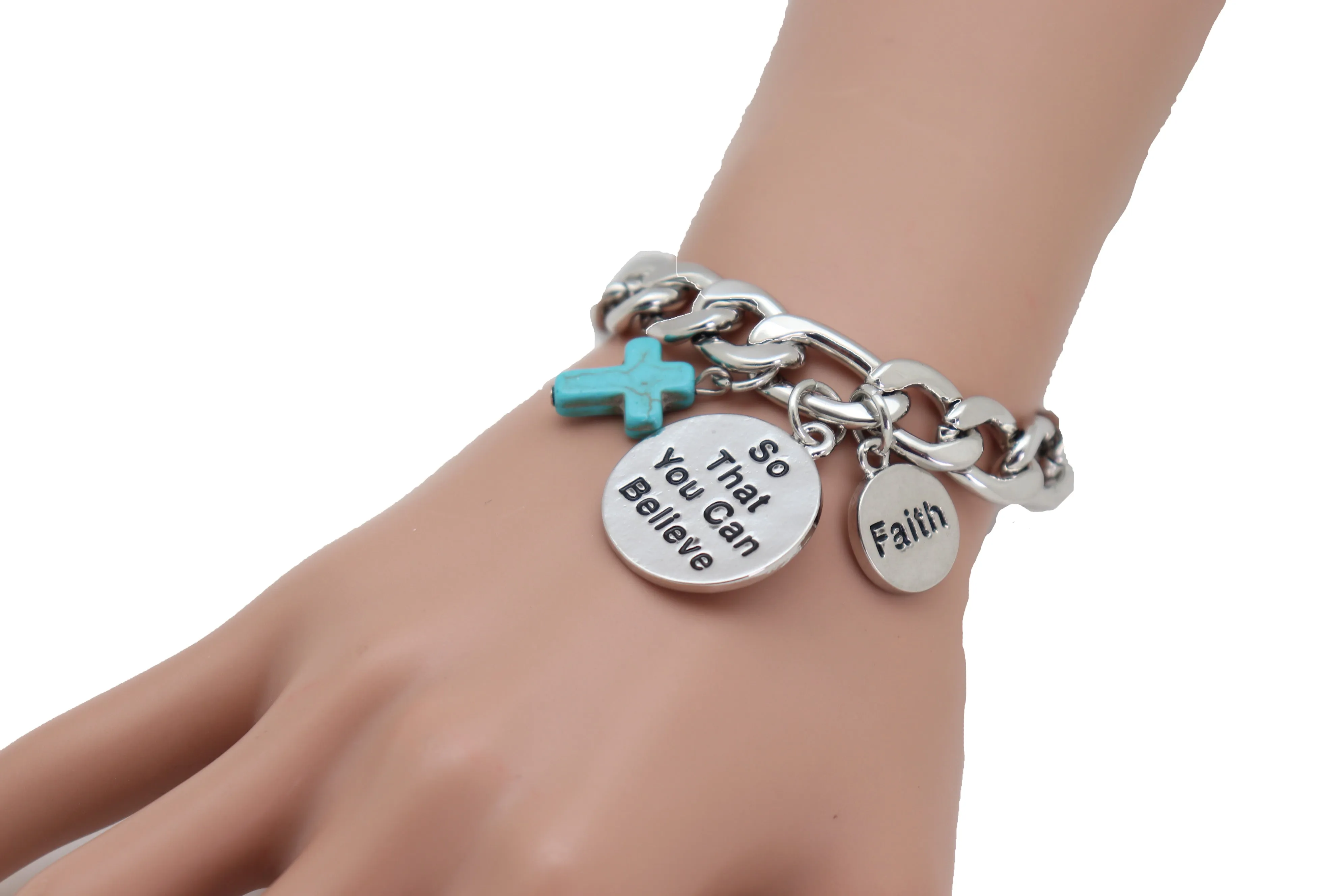 Silver Chain Bracelet FAITH BELIEVE Charms Turquoise Blue Religious Cross