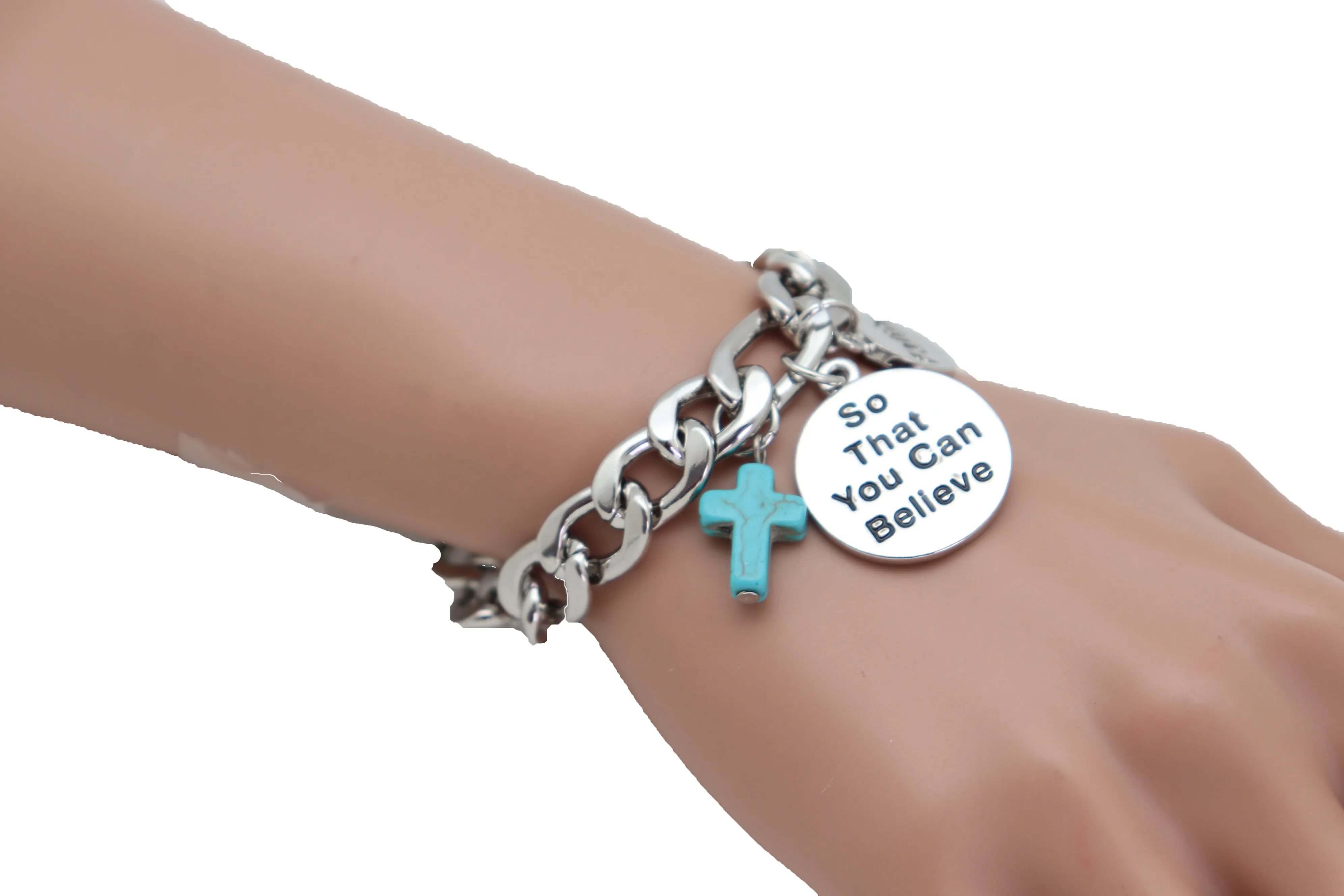 Silver Chain Bracelet FAITH BELIEVE Charms Turquoise Blue Religious Cross