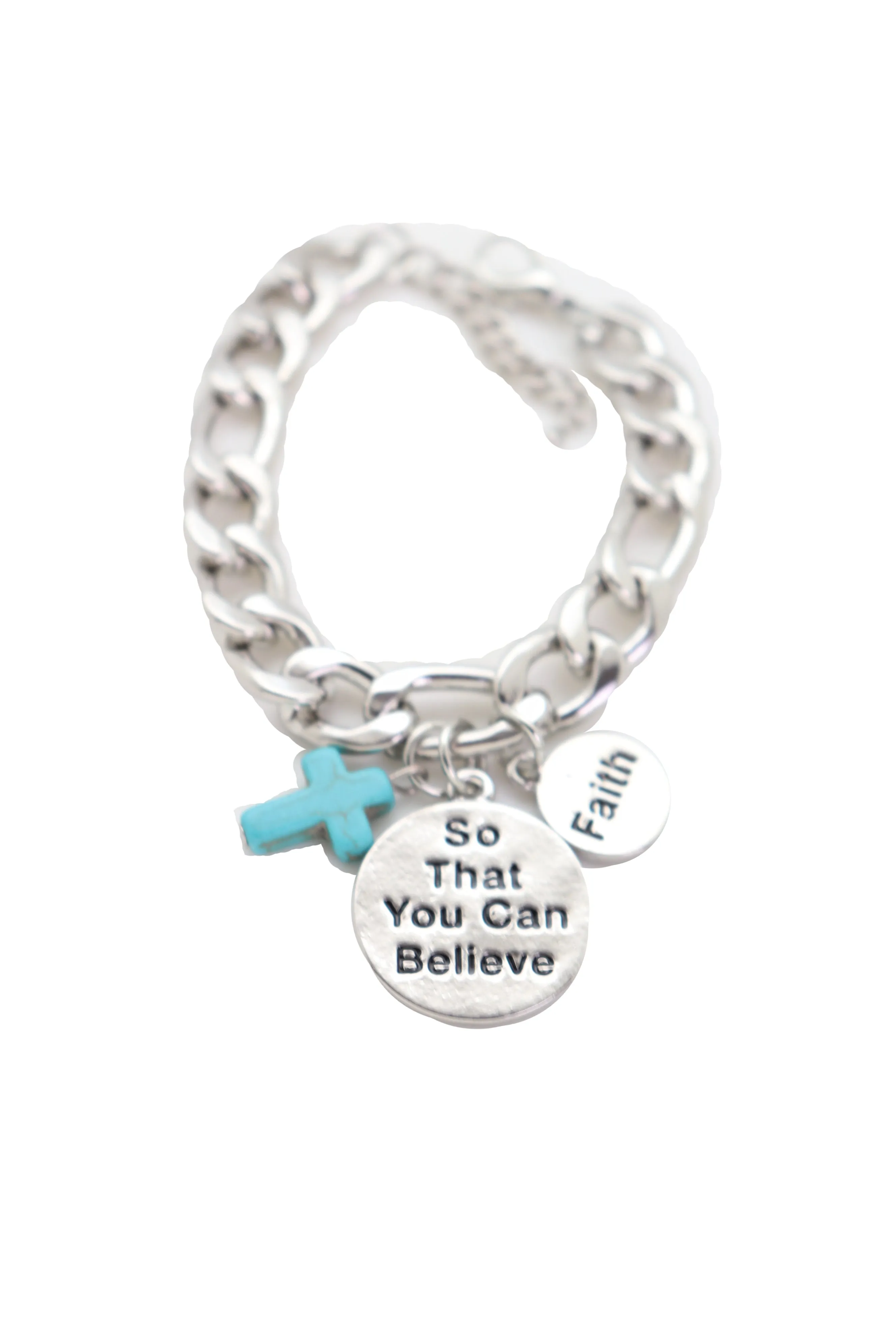 Silver Chain Bracelet FAITH BELIEVE Charms Turquoise Blue Religious Cross