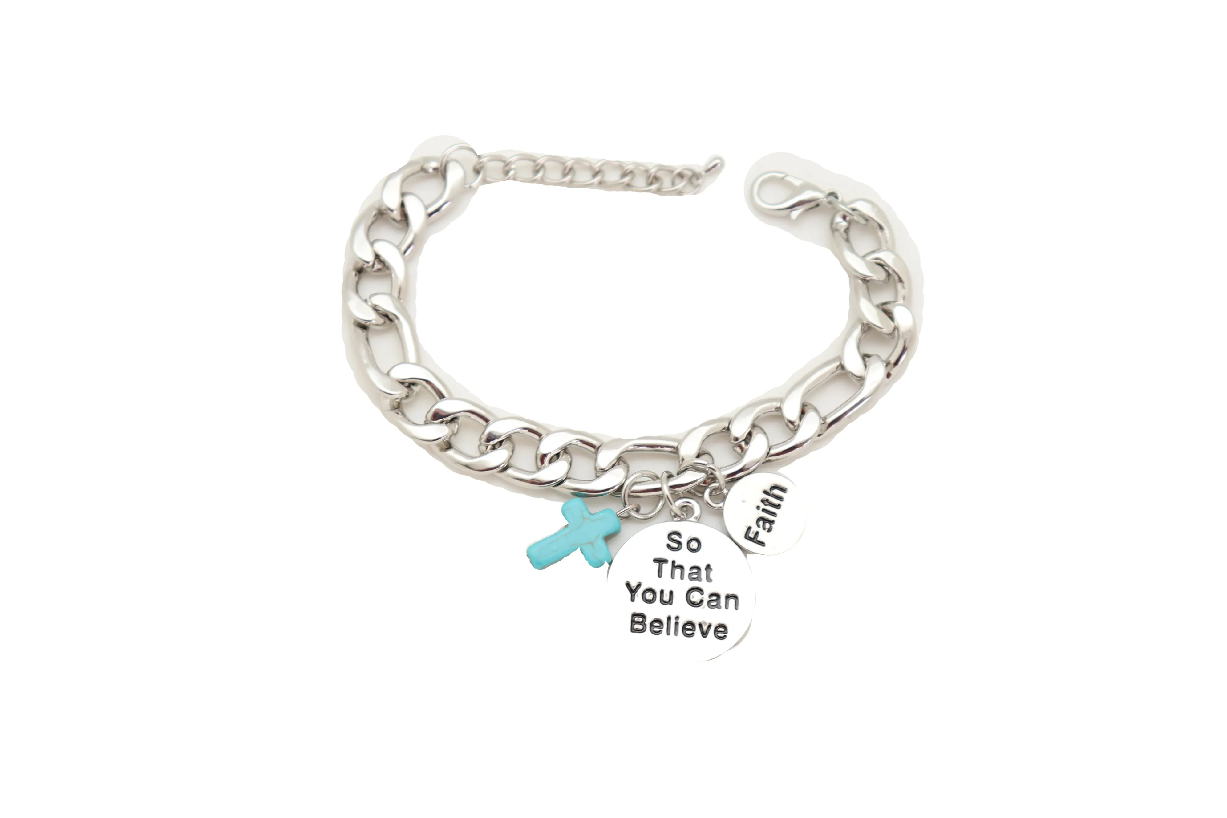 Silver Chain Bracelet FAITH BELIEVE Charms Turquoise Blue Religious Cross