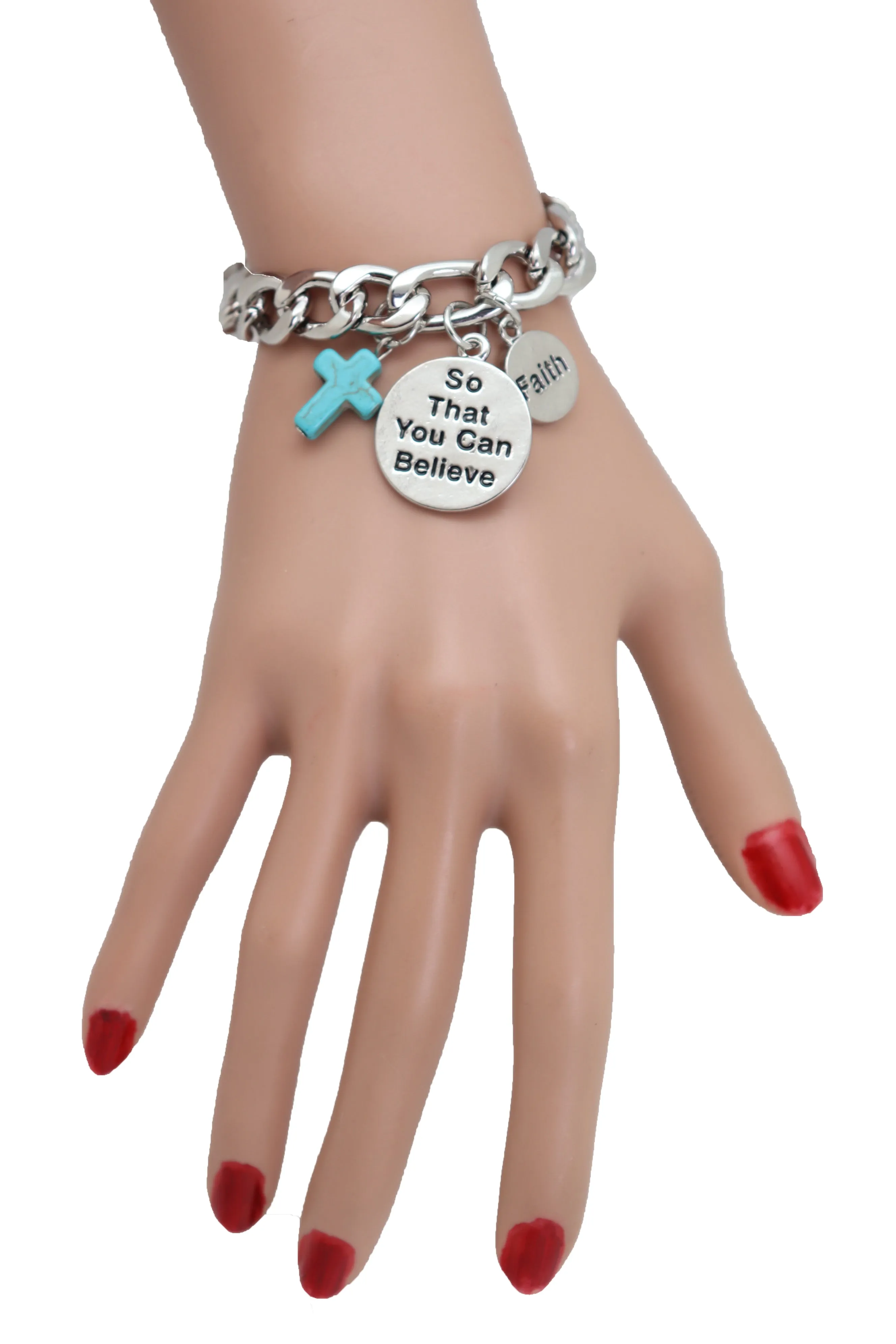 Silver Chain Bracelet FAITH BELIEVE Charms Turquoise Blue Religious Cross