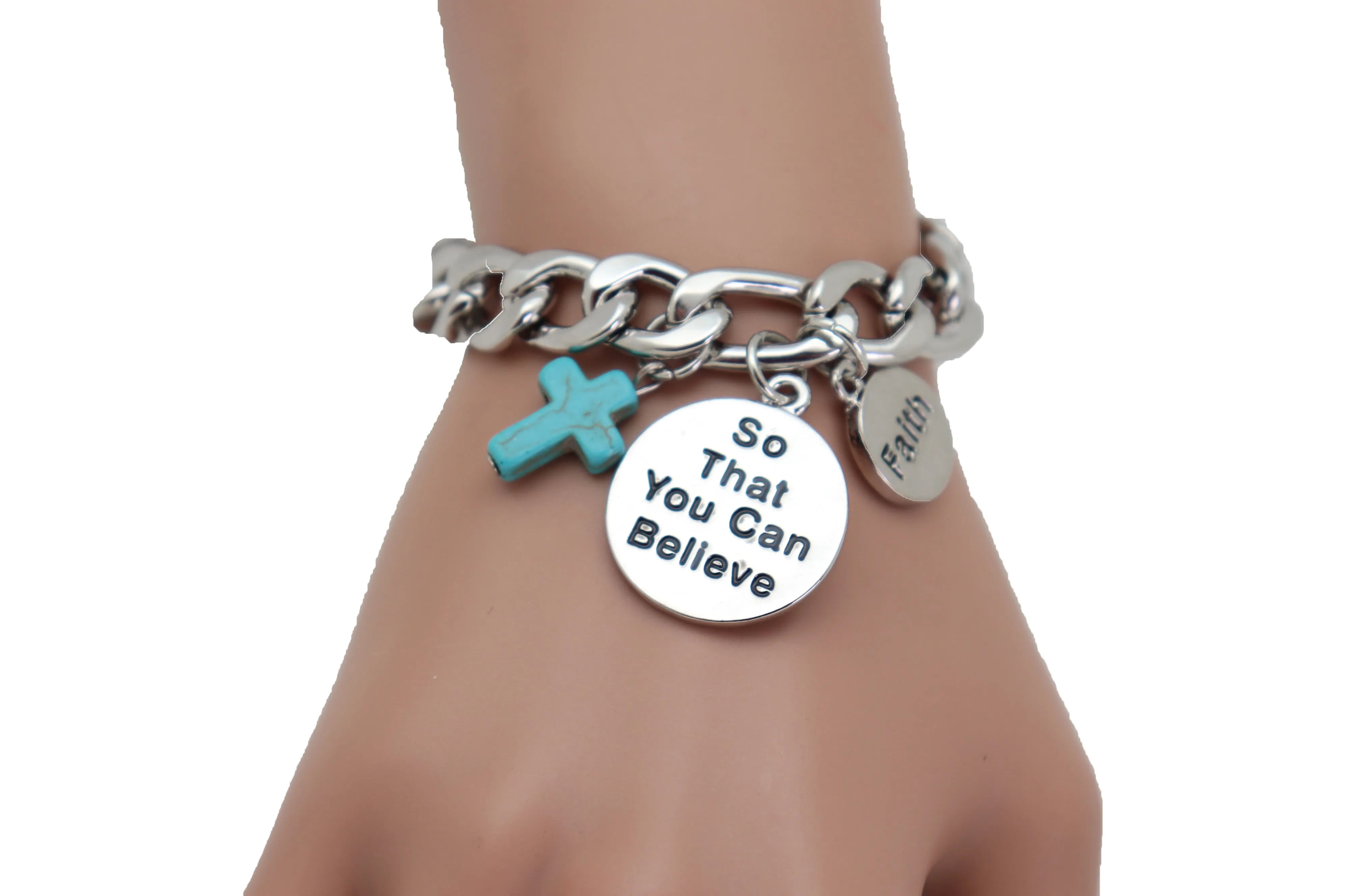 Silver Chain Bracelet FAITH BELIEVE Charms Turquoise Blue Religious Cross
