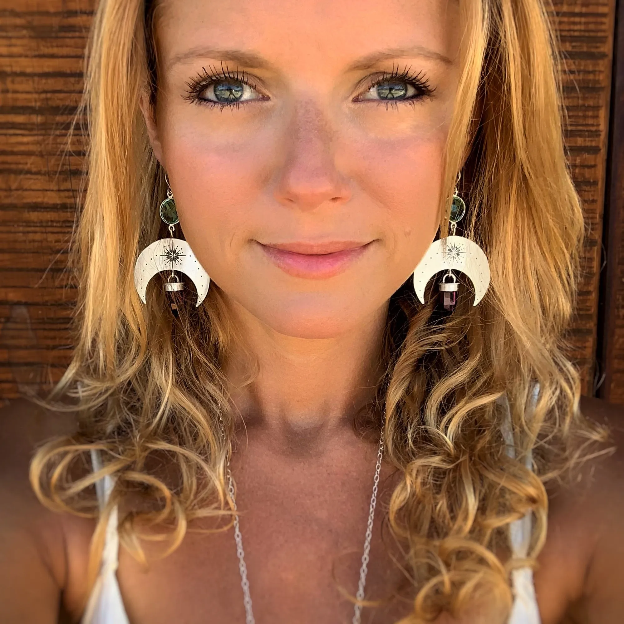 Silver moon earrings with aqua quartz & amethyst