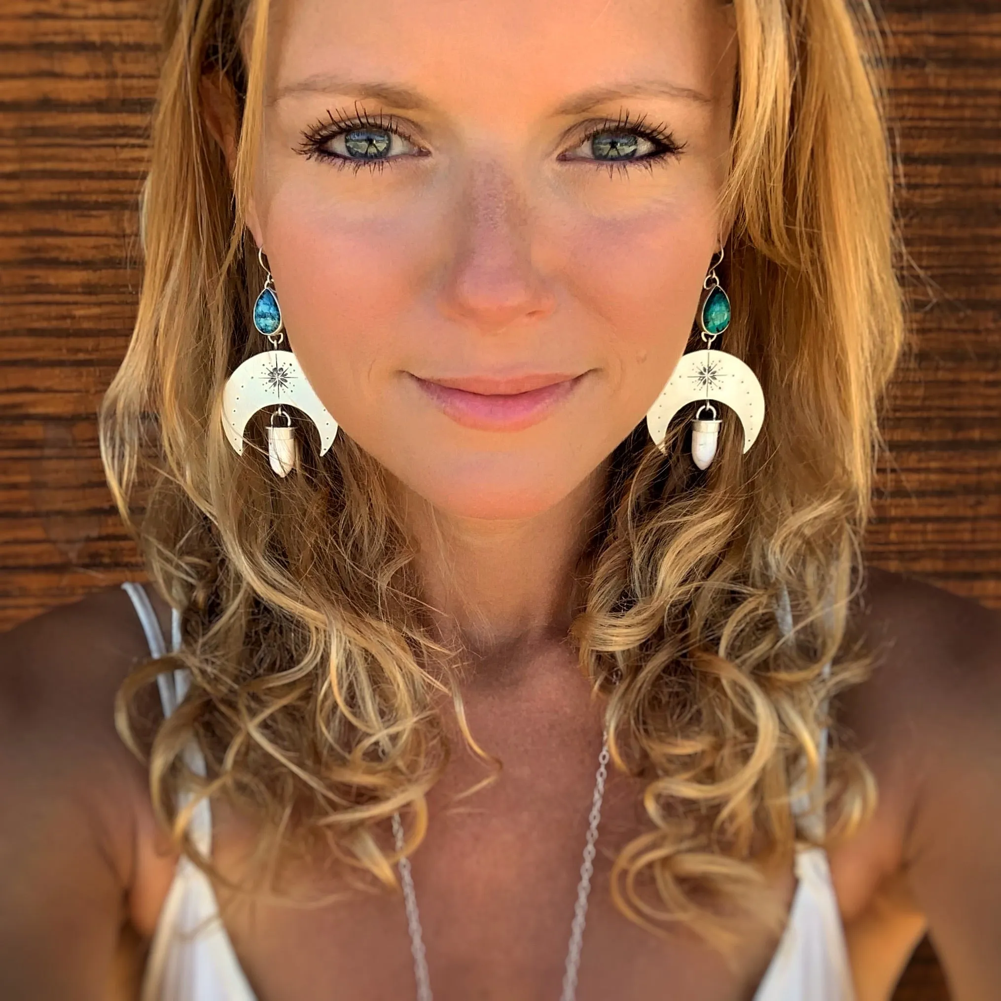 Silver moon earrings with turquoise & howlite