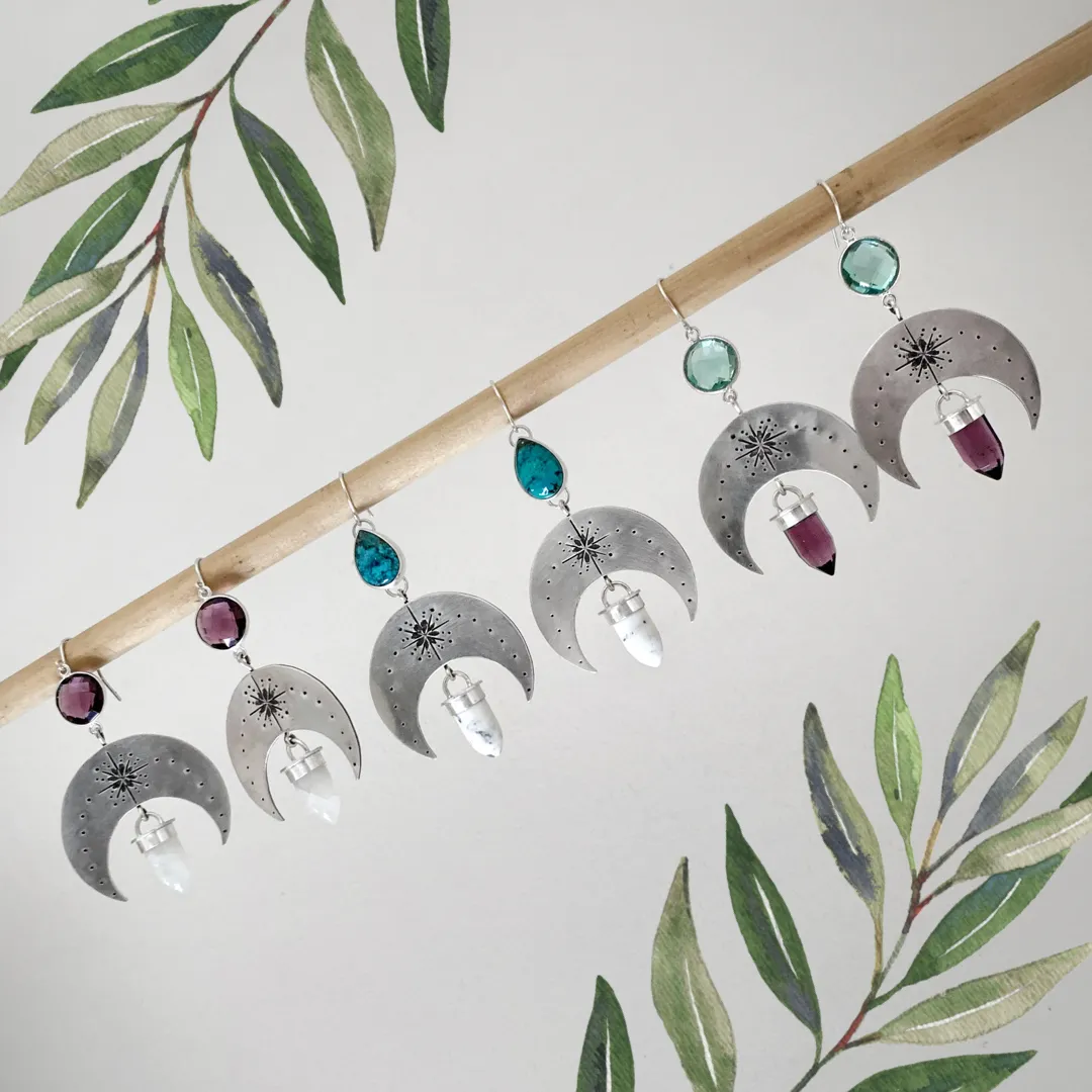 Silver moon earrings with turquoise & howlite