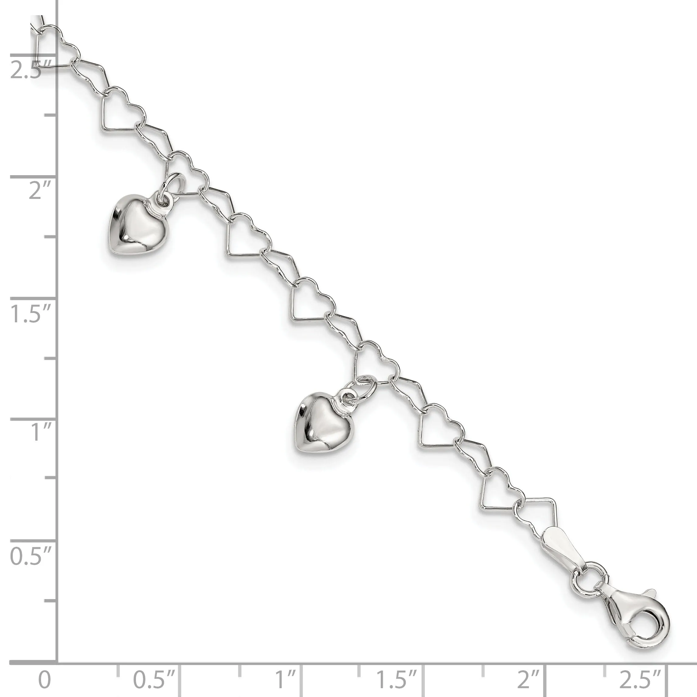 Silver Polished Finish Dangling Heart Bracelet