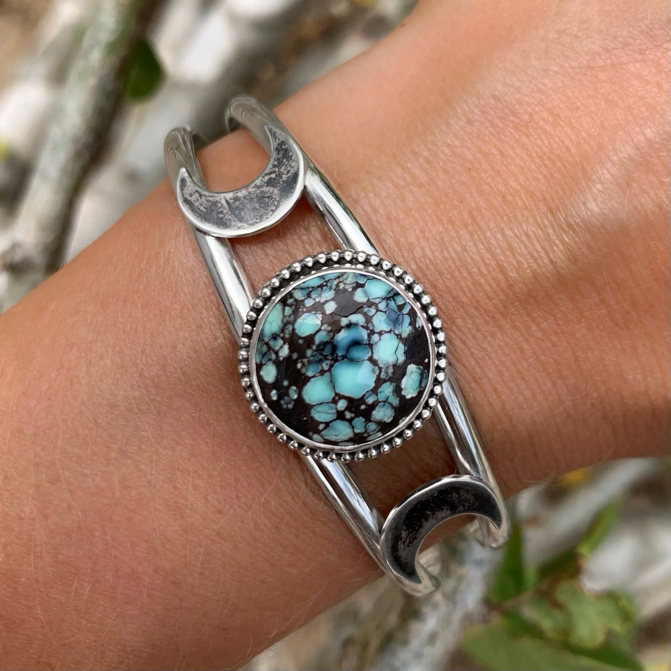 Silver triple moon cuff with poseidon variscite