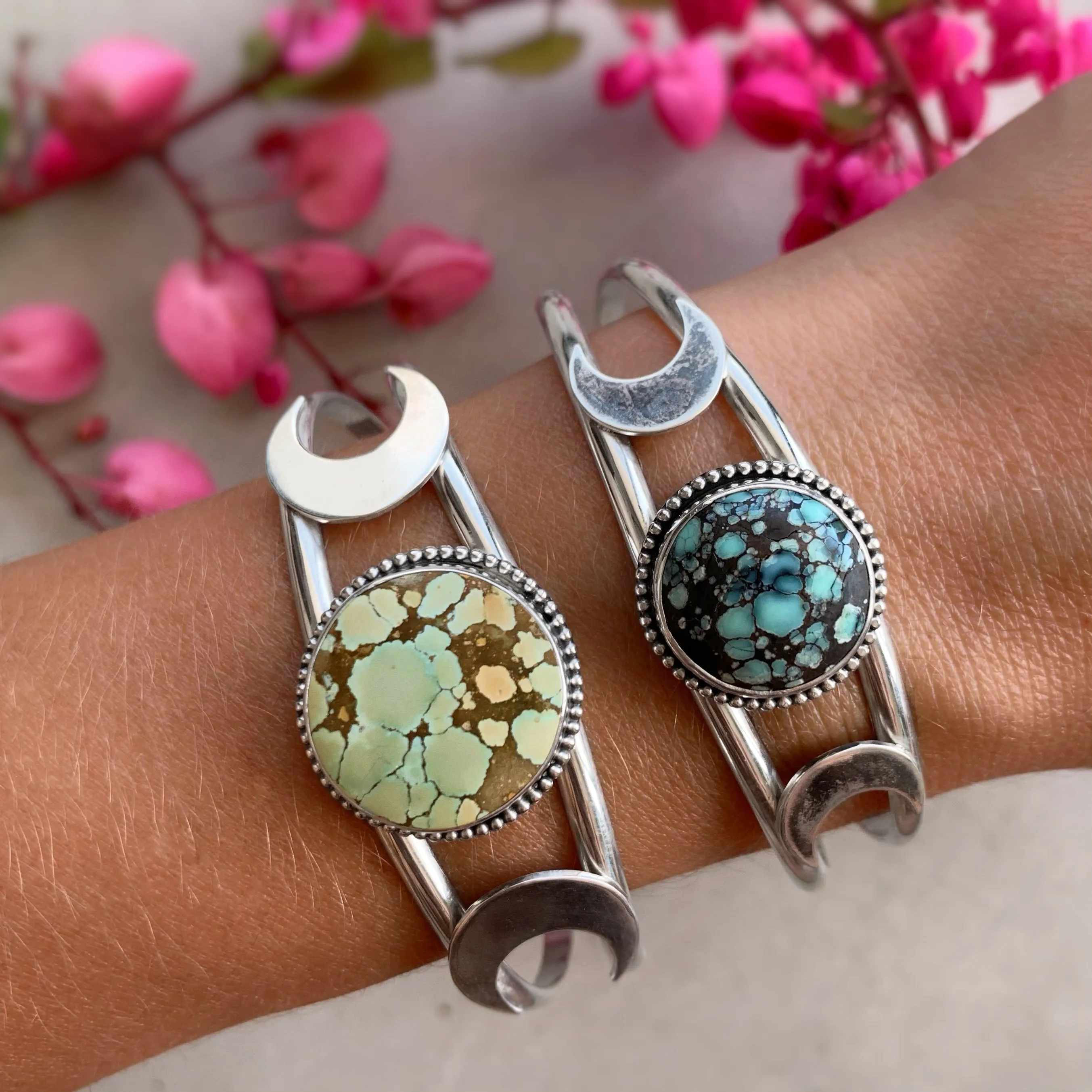 Silver triple moon cuff with poseidon variscite