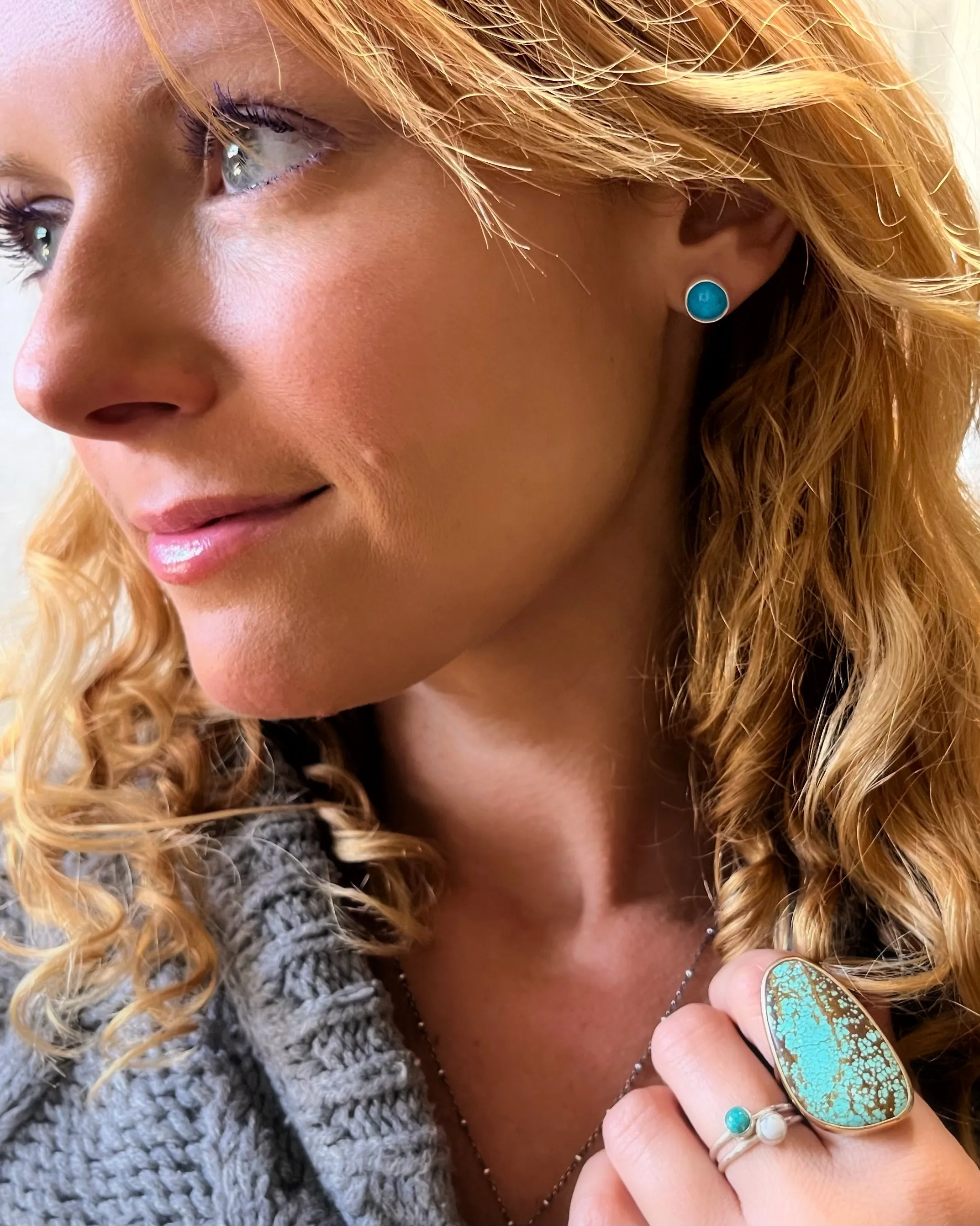 Silver turquoise studs with removable stamped hoops