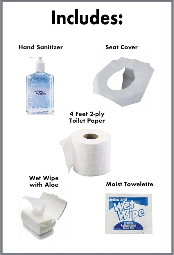 Single Use Portable Travel Bathroom Pack with Seat Cover, 2 ply Toilet Paper (4ft), Wet Wipes & Hand Sanitizer for Kids, Camping, Hiking, Outdoors, Sporting Events & More, Single - 20 units