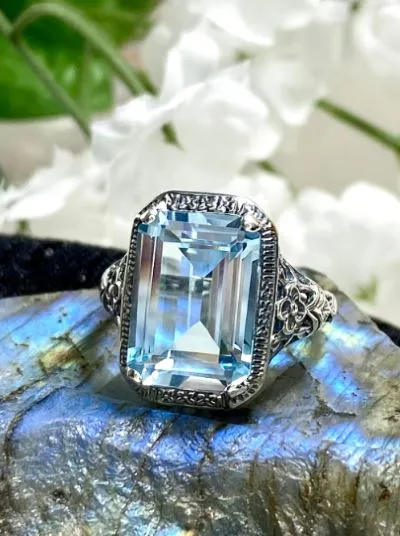 Sky Blue Ring, Natural or Simulated Cushion Cut Gemstone, Vintage Style Art Nouveau Jewelry, Design#D64