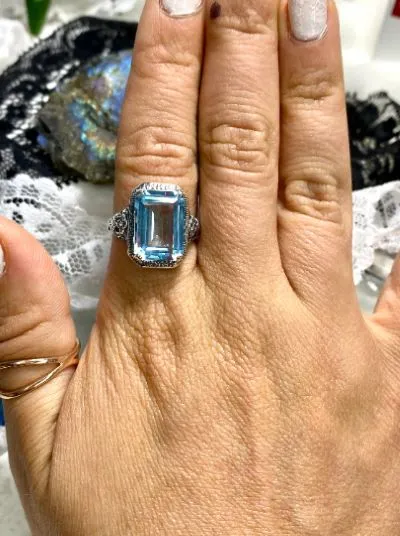 Sky Blue Ring, Natural or Simulated Cushion Cut Gemstone, Vintage Style Art Nouveau Jewelry, Design#D64