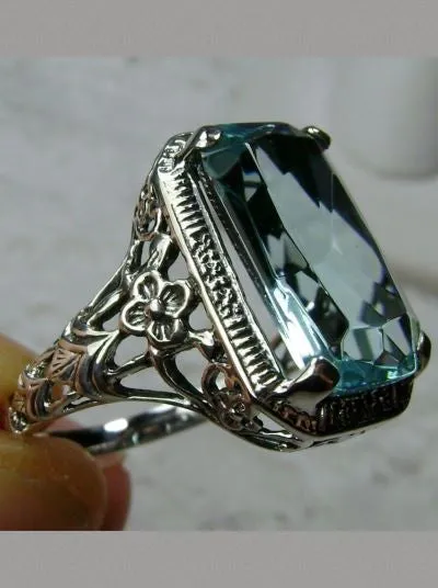 Sky Blue Ring, Natural or Simulated Cushion Cut Gemstone, Vintage Style Art Nouveau Jewelry, Design#D64