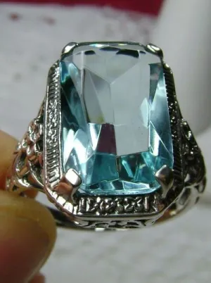 Sky Blue Ring, Natural or Simulated Cushion Cut Gemstone, Vintage Style Art Nouveau Jewelry, Design#D64