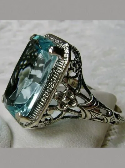Sky Blue Ring, Natural or Simulated Cushion Cut Gemstone, Vintage Style Art Nouveau Jewelry, Design#D64