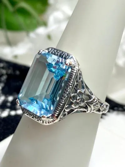 Sky Blue Ring, Natural or Simulated Cushion Cut Gemstone, Vintage Style Art Nouveau Jewelry, Design#D64