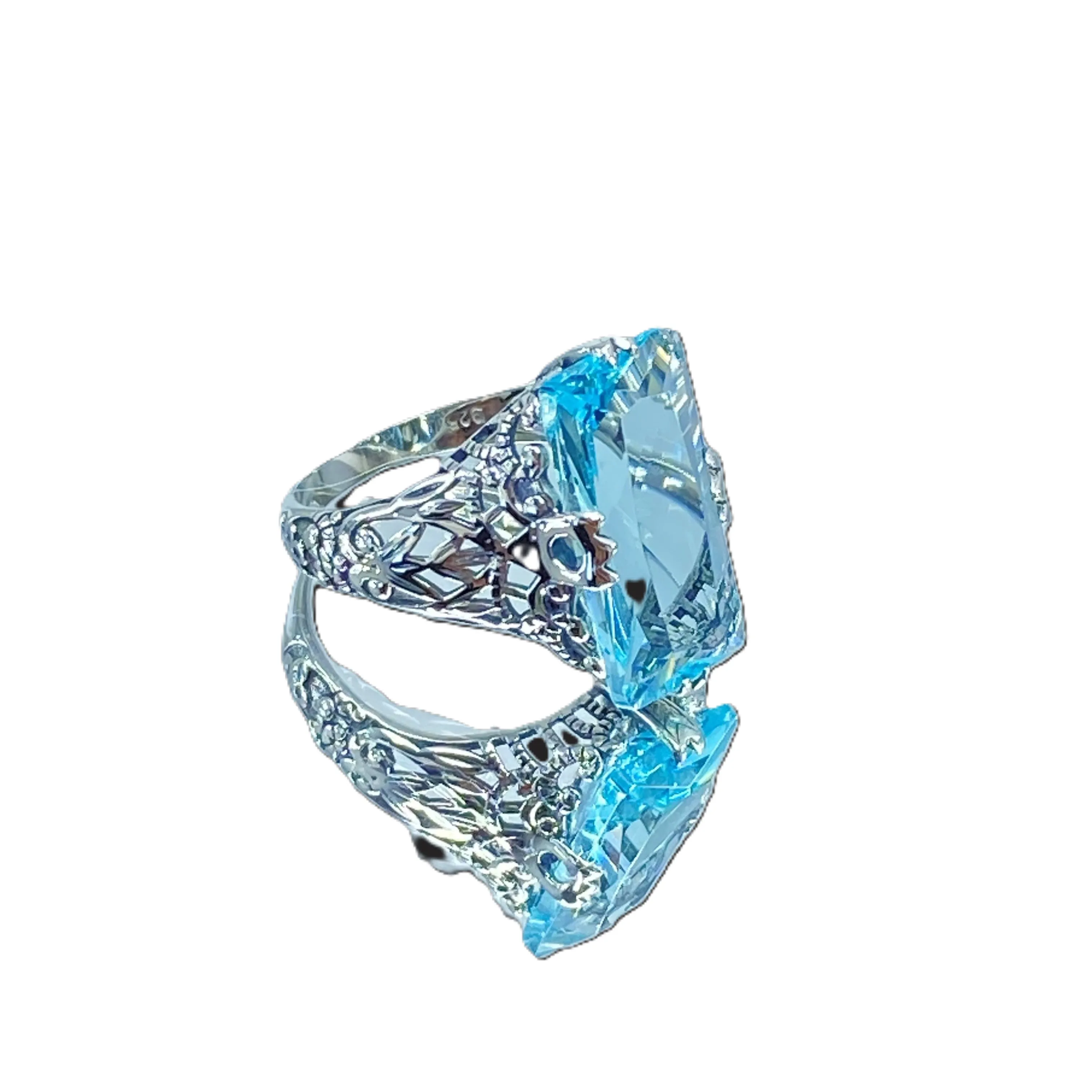 Sky Blue Ring, Natural Topaz or Aquamarine, Baguette Intaglio, Victorian Jewelry  #D31