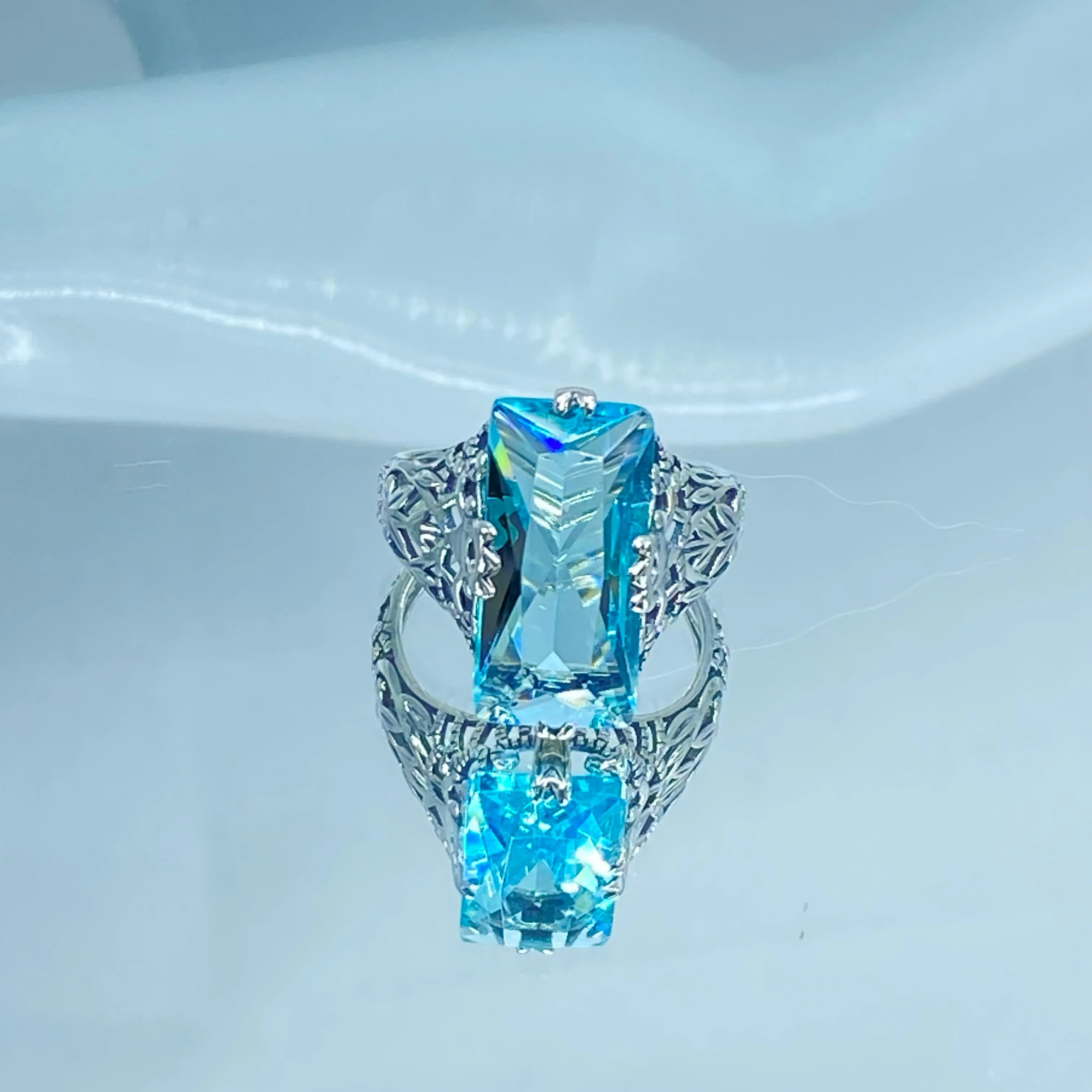 Sky Blue Ring, Natural Topaz or Aquamarine, Baguette Intaglio, Victorian Jewelry  #D31