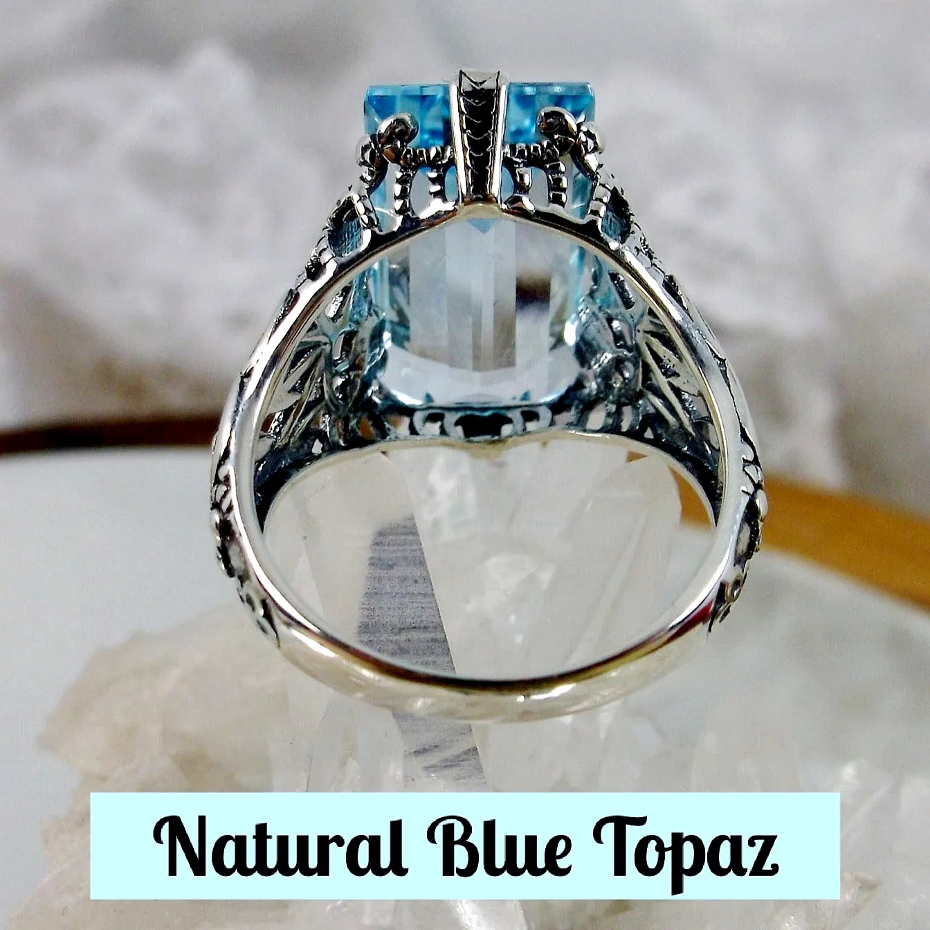 Sky Blue Ring, Natural Topaz or Aquamarine, Baguette Intaglio, Victorian Jewelry  #D31