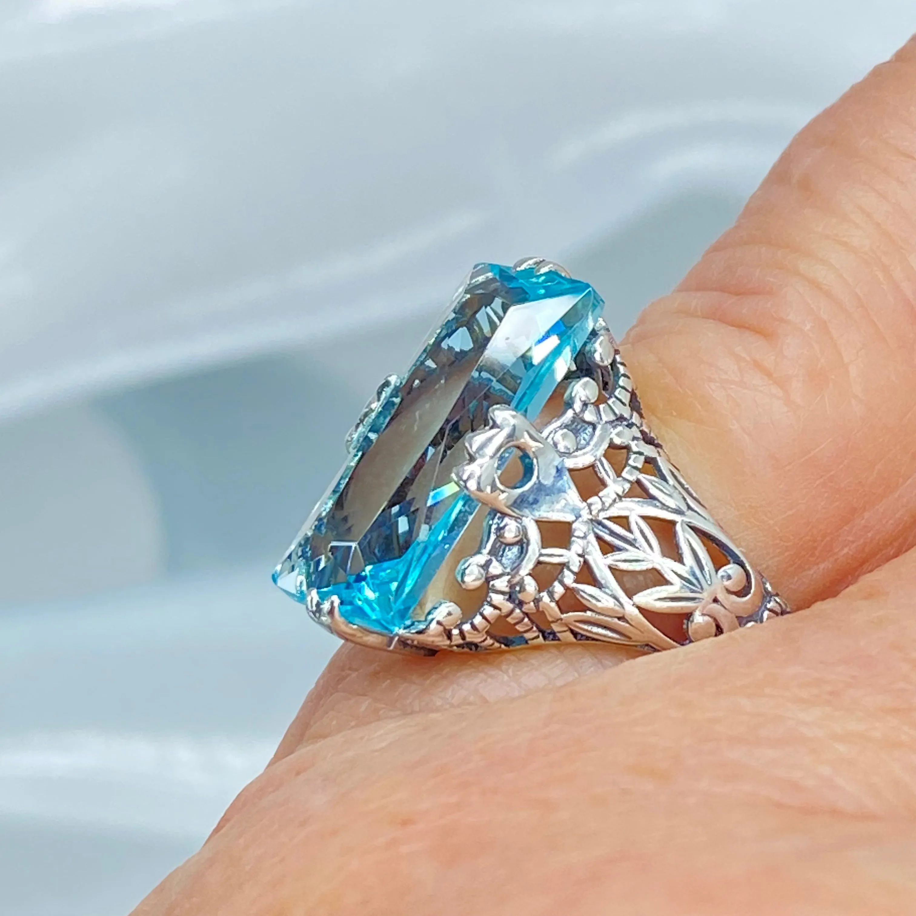 Sky Blue Ring, Natural Topaz or Aquamarine, Baguette Intaglio, Victorian Jewelry  #D31
