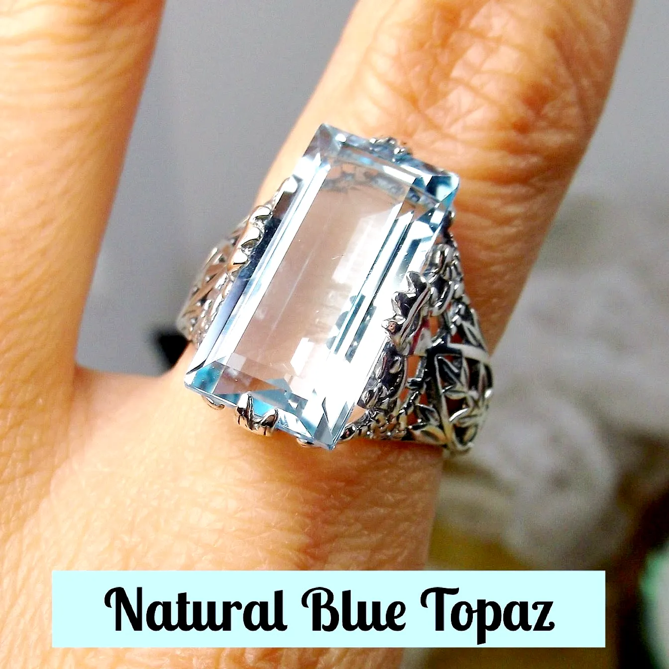 Sky Blue Ring, Natural Topaz or Aquamarine, Baguette Intaglio, Victorian Jewelry  #D31