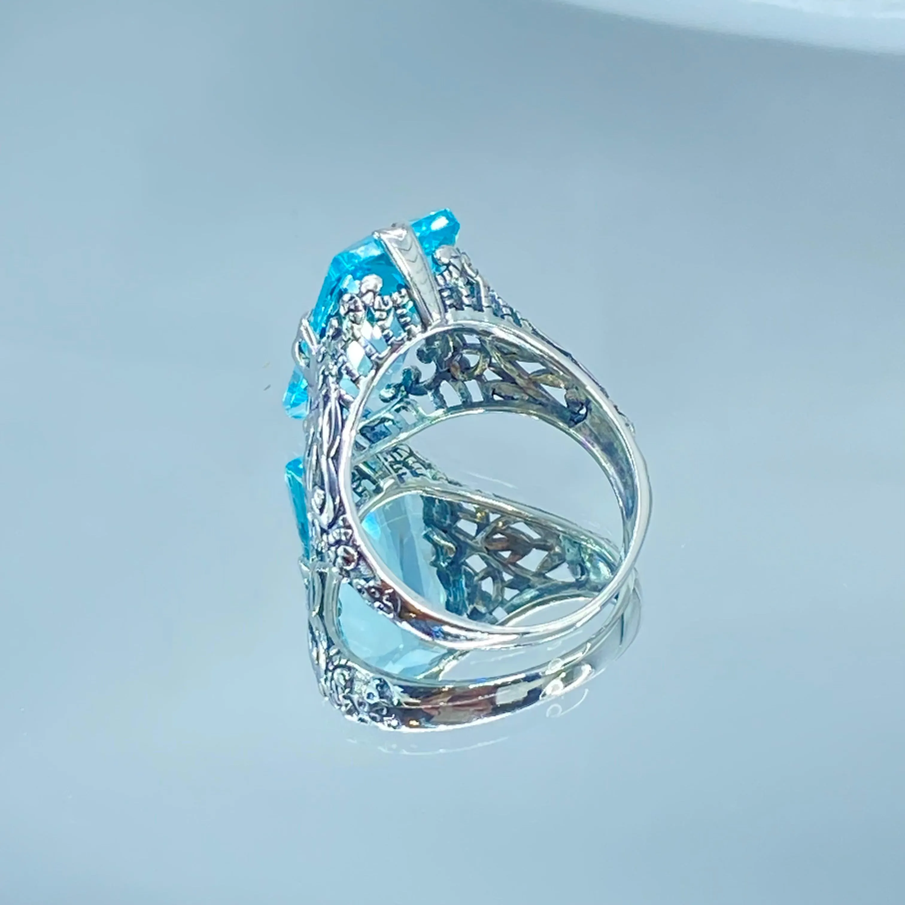 Sky Blue Ring, Natural Topaz or Aquamarine, Baguette Intaglio, Victorian Jewelry  #D31