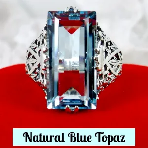 Sky Blue Ring, Natural Topaz or Aquamarine, Baguette Intaglio, Victorian Jewelry  #D31
