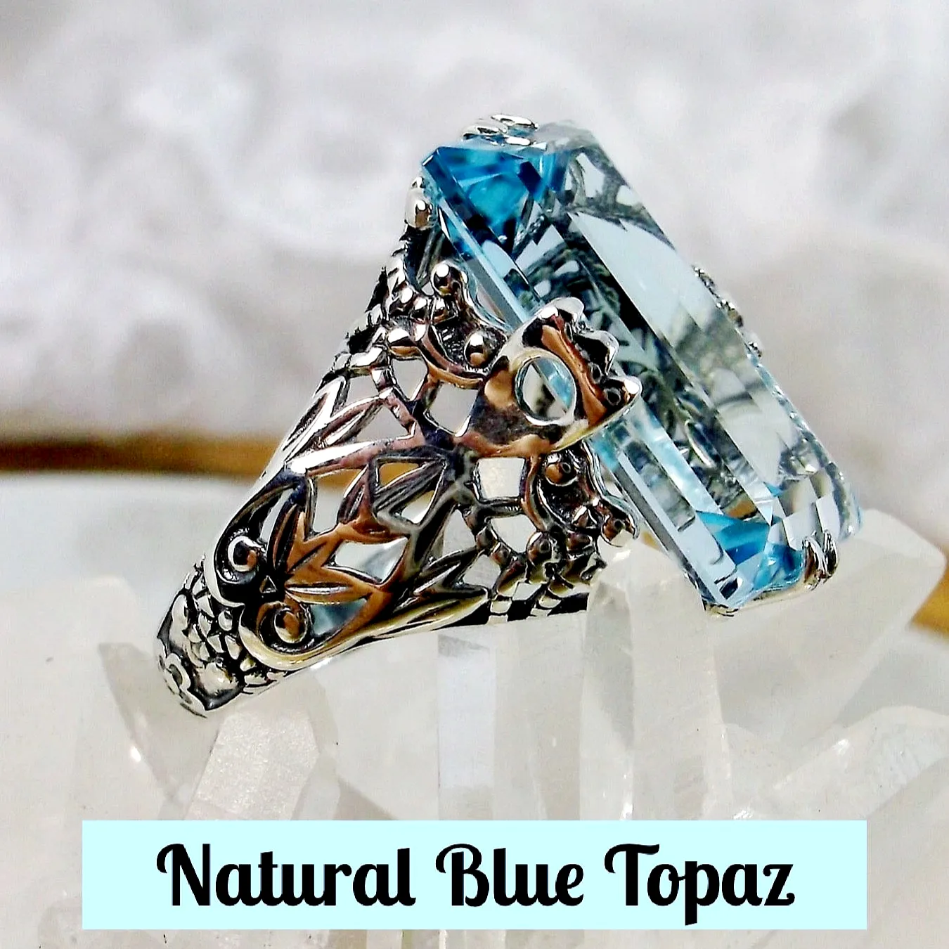 Sky Blue Ring, Natural Topaz or Aquamarine, Baguette Intaglio, Victorian Jewelry  #D31