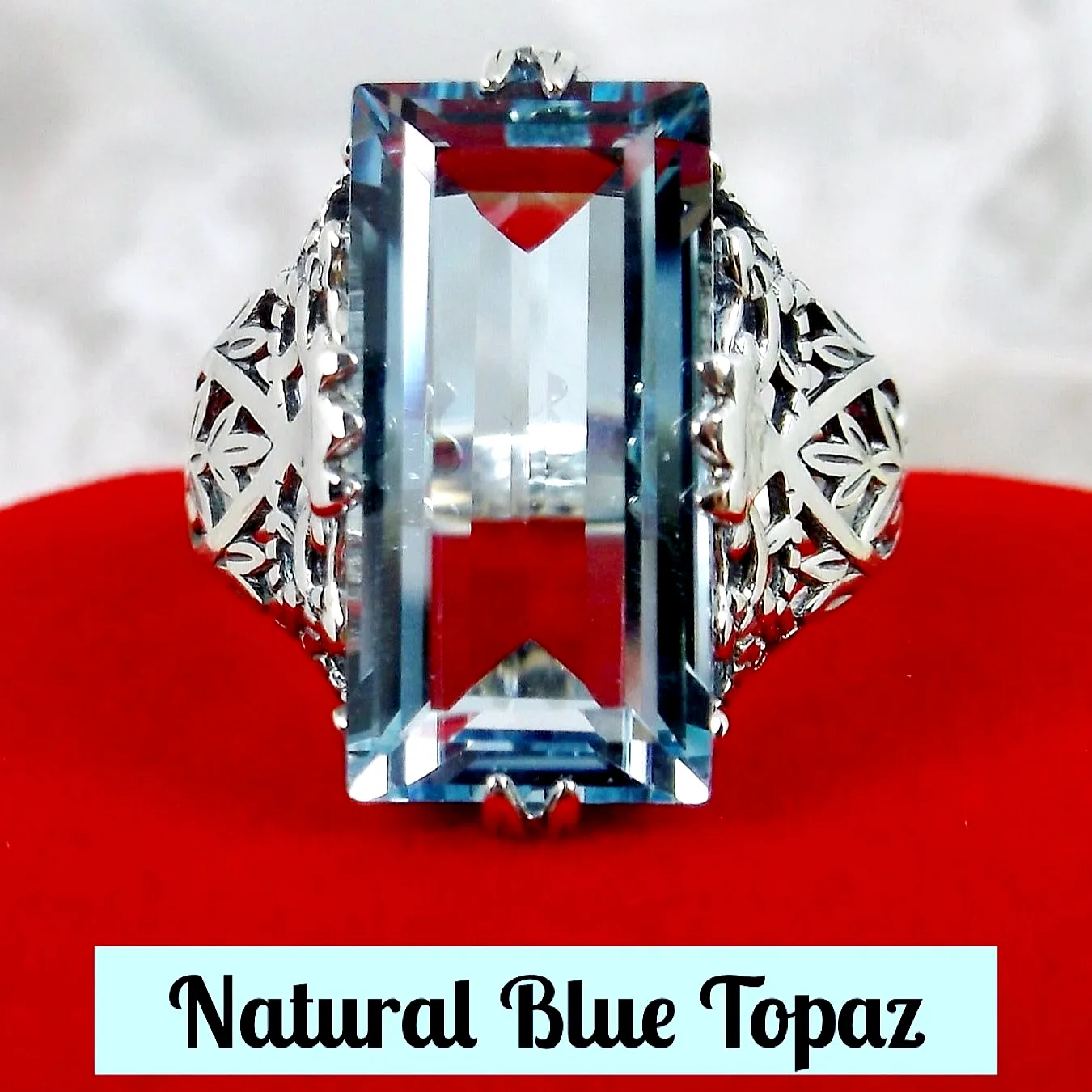 Sky Blue Ring, Natural Topaz or Aquamarine, Baguette Intaglio, Victorian Jewelry  #D31
