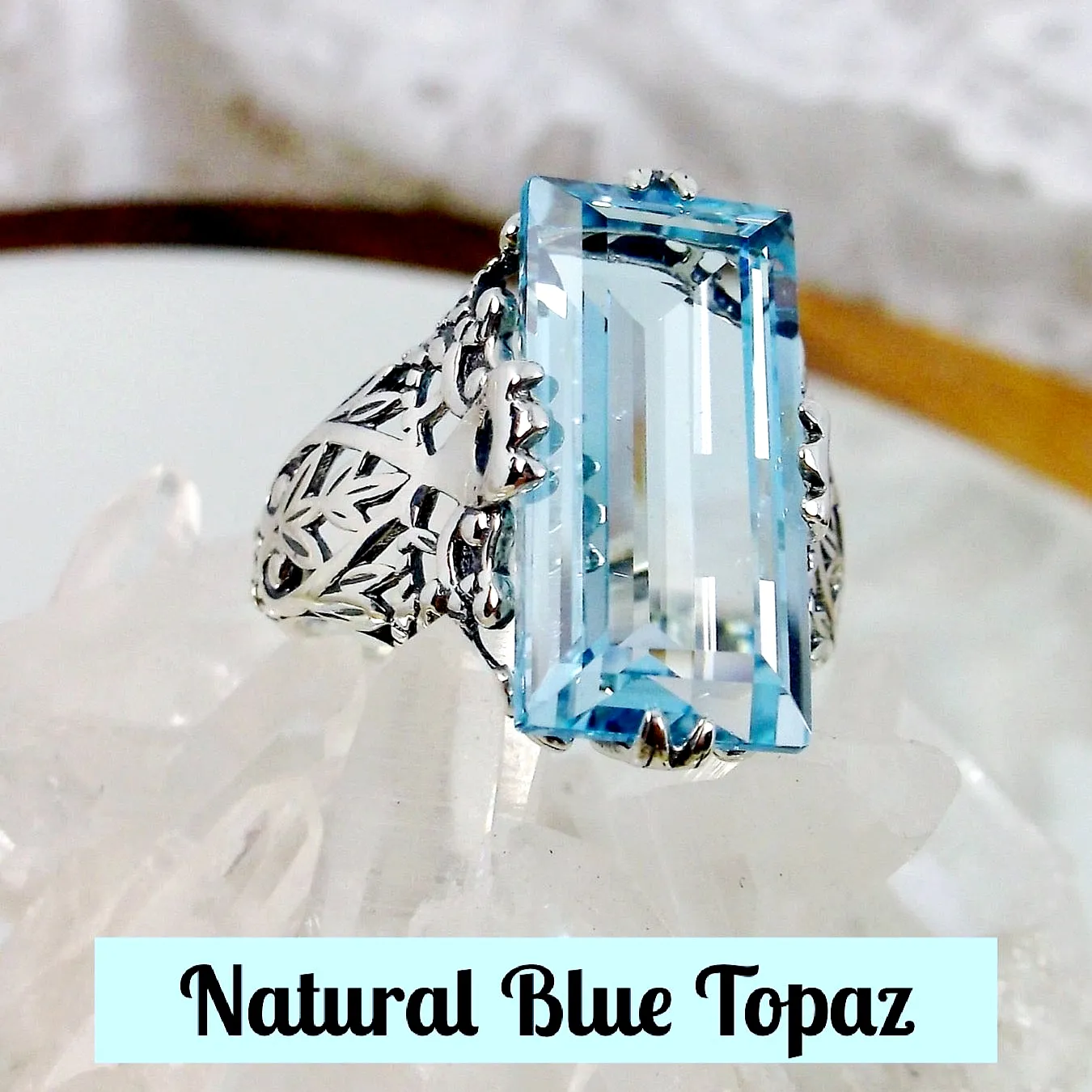 Sky Blue Ring, Natural Topaz or Aquamarine, Baguette Intaglio, Victorian Jewelry  #D31