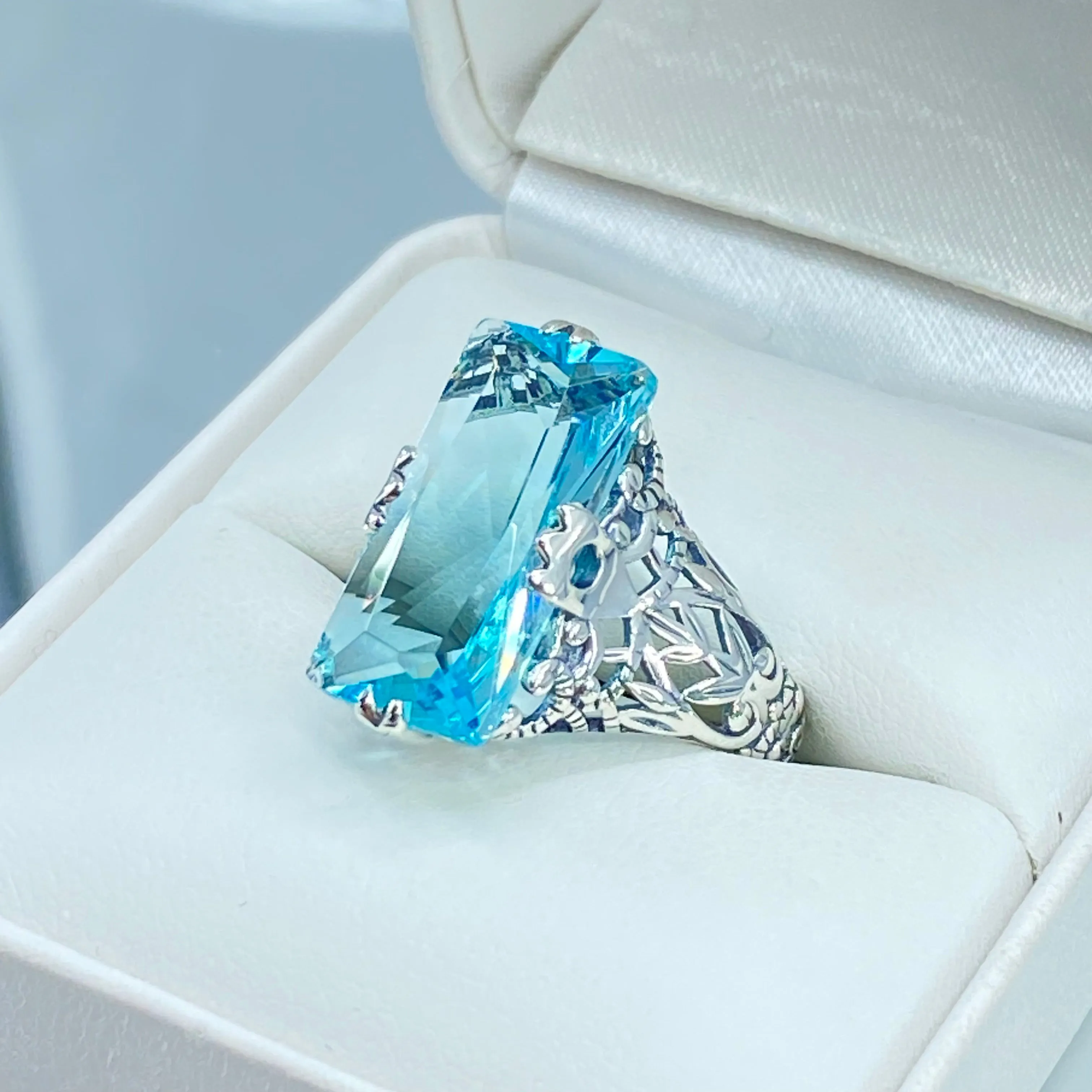 Sky Blue Ring, Natural Topaz or Aquamarine, Baguette Intaglio, Victorian Jewelry  #D31