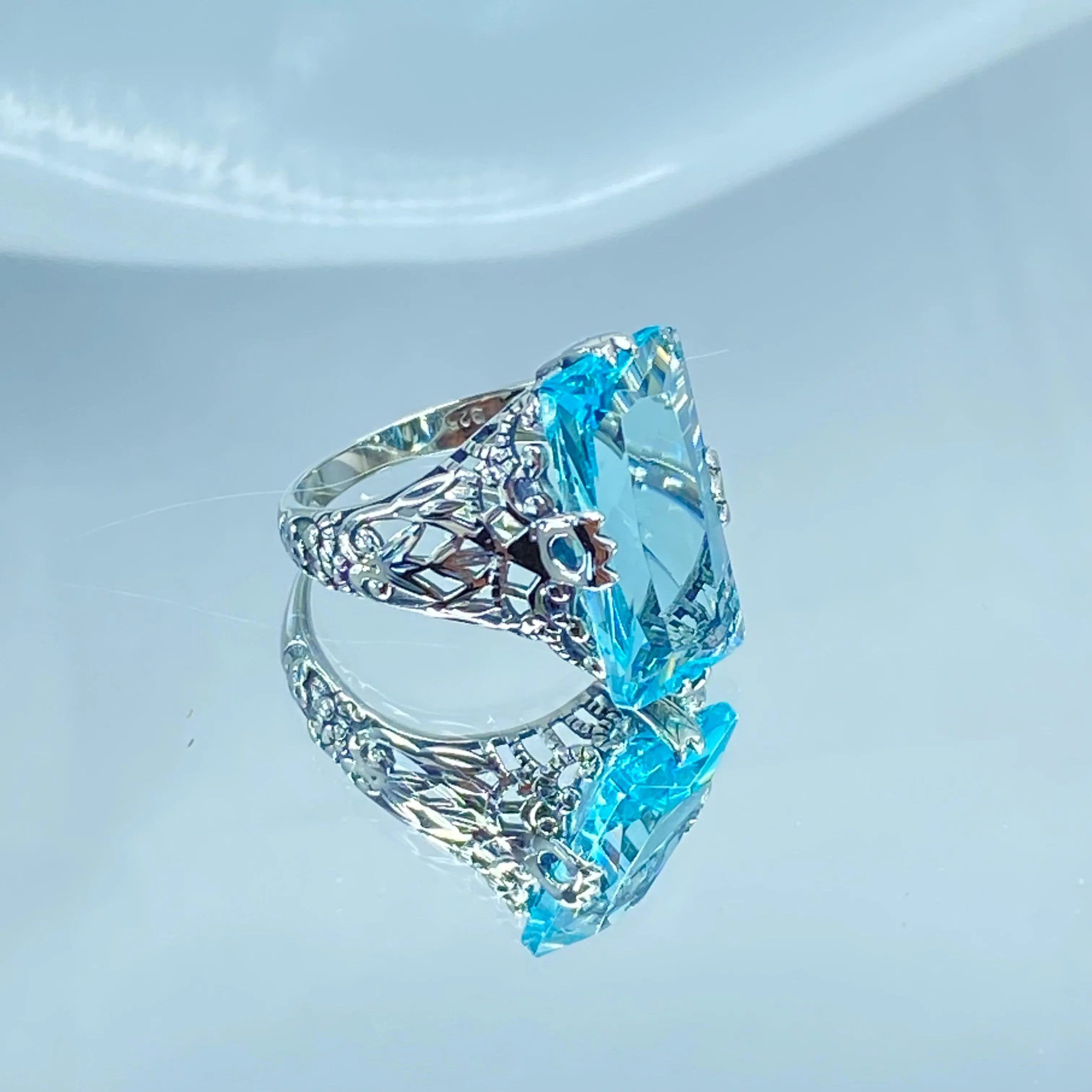 Sky Blue Ring, Natural Topaz or Aquamarine, Baguette Intaglio, Victorian Jewelry  #D31
