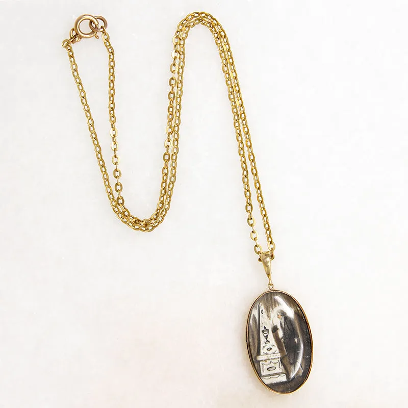 Somber Miniature Painting in Gold Pendant