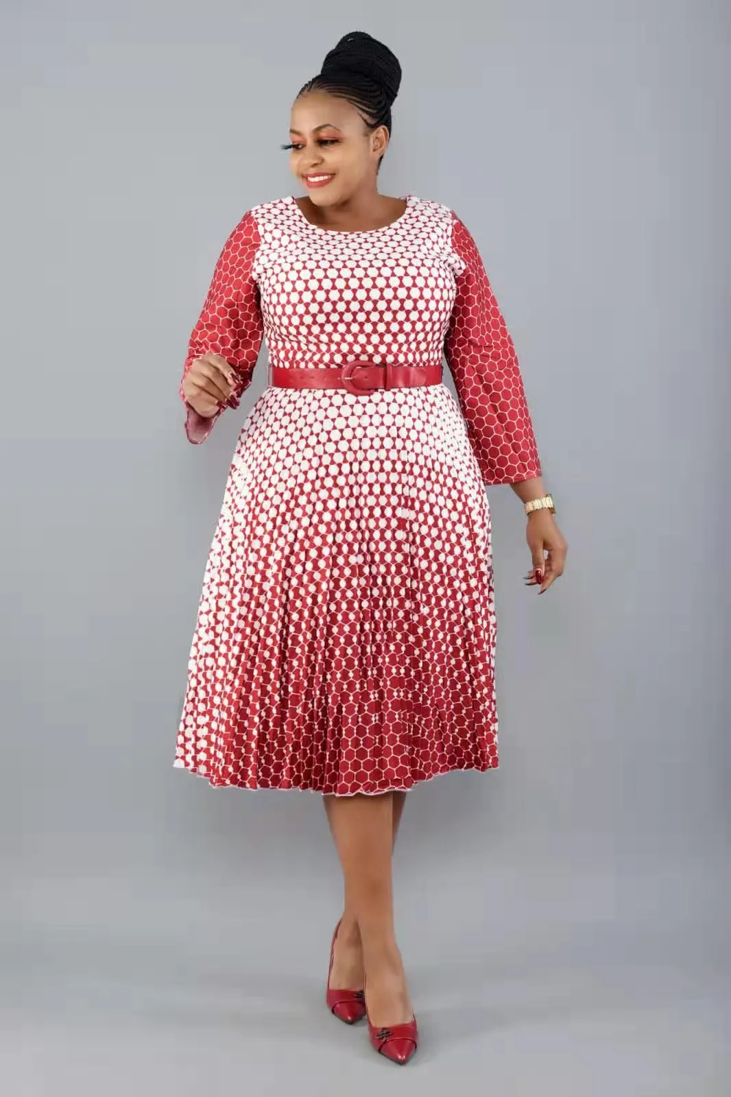 Sophisticated Elegance Three-Quarter Sleeve Pleated Fit-and-Flare Dress