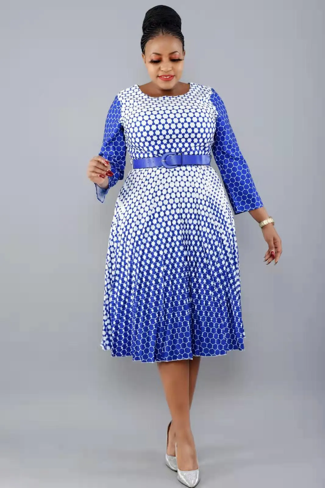 Sophisticated Elegance Three-Quarter Sleeve Pleated Fit-and-Flare Dress