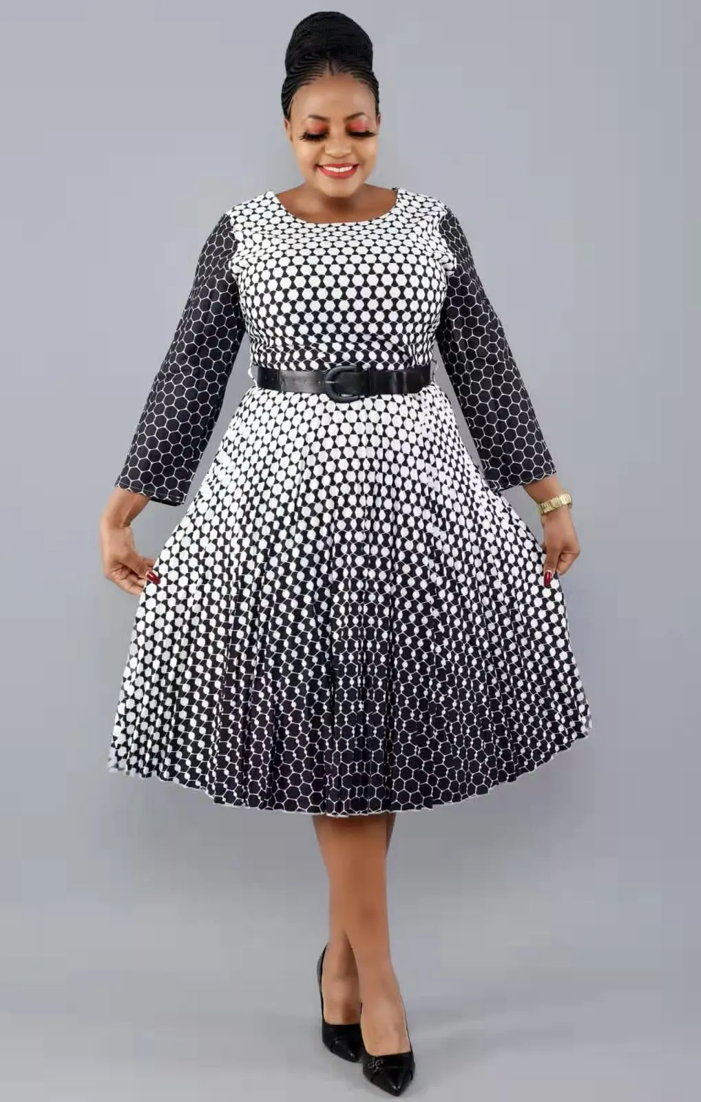 Sophisticated Elegance Three-Quarter Sleeve Pleated Fit-and-Flare Dress