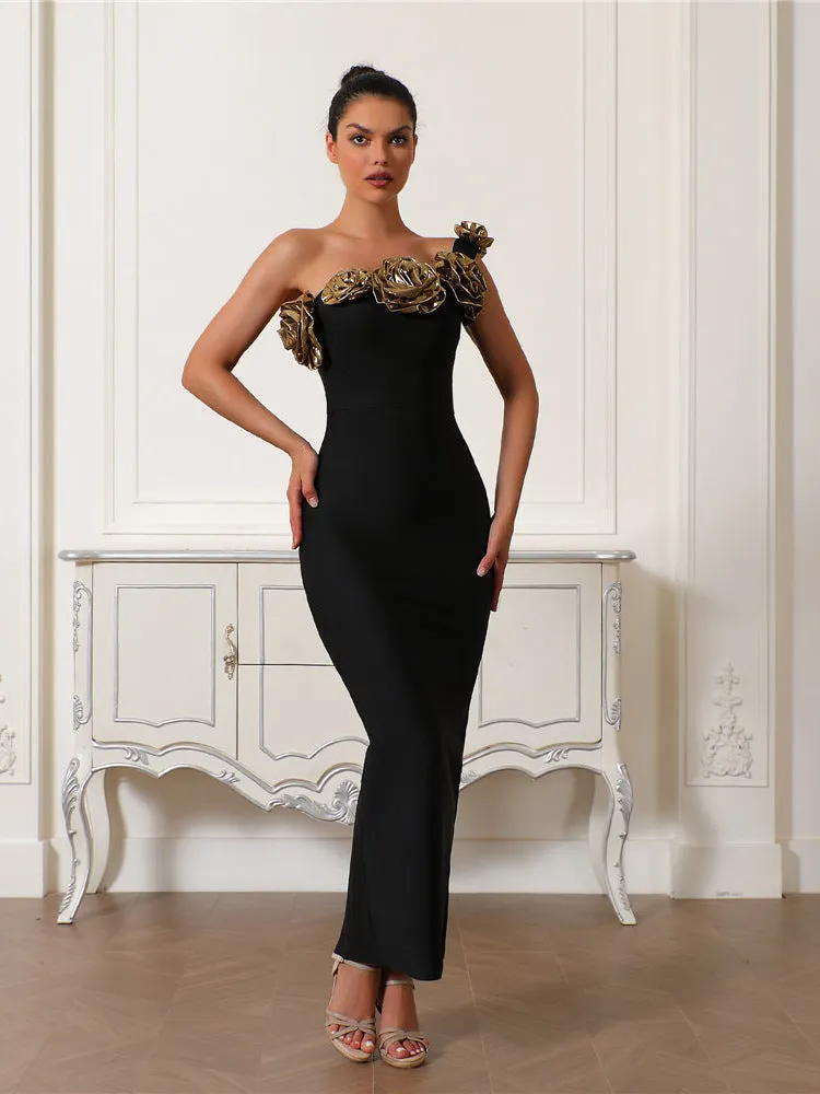Sophisticated One-Shoulder Gold Floral Embellished Bodycon Evening Dress