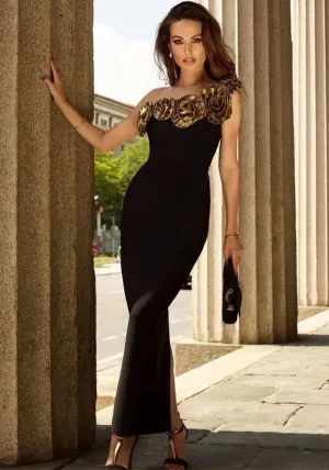 Sophisticated One-Shoulder Gold Floral Embellished Bodycon Evening Dress