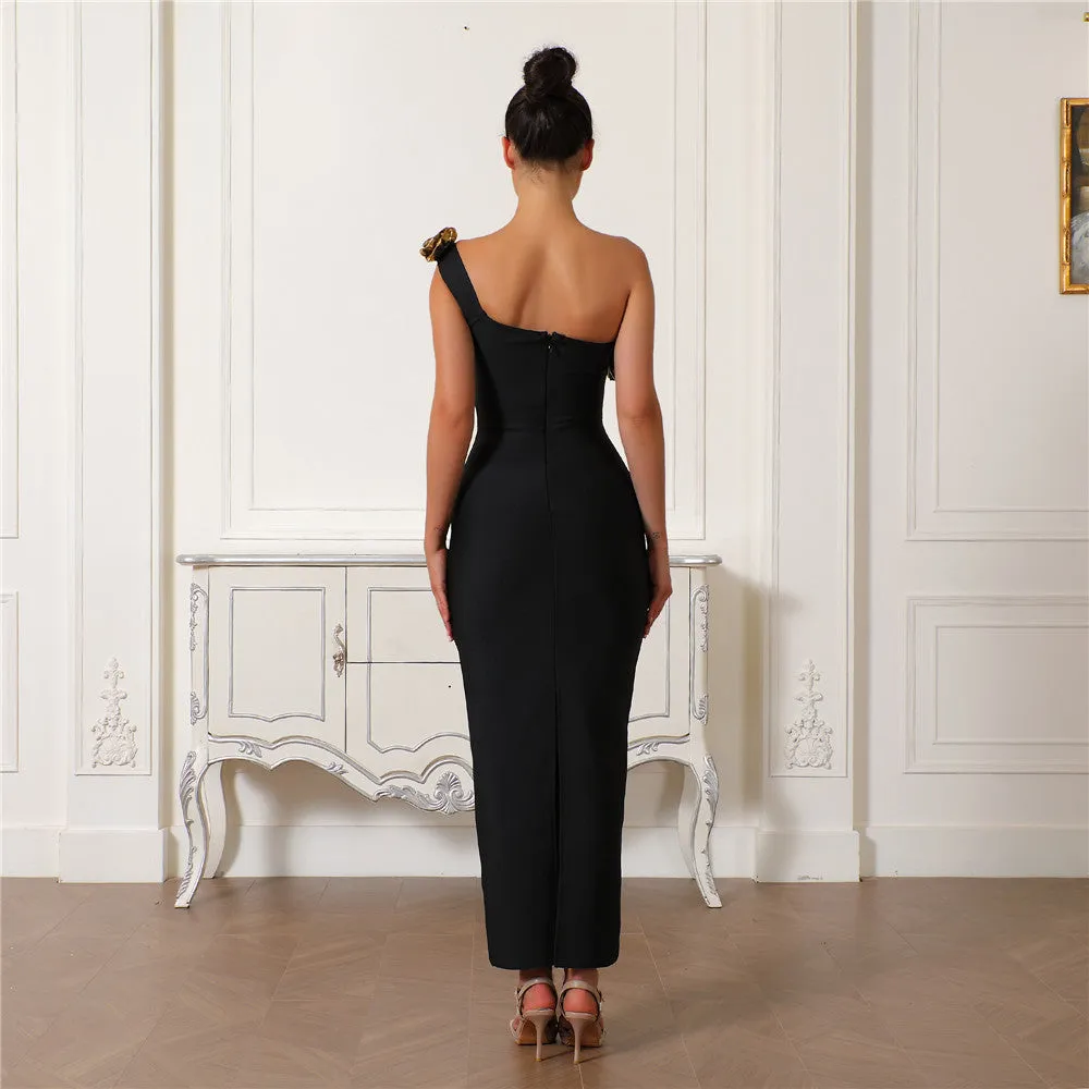Sophisticated One-Shoulder Gold Floral Embellished Bodycon Evening Dress