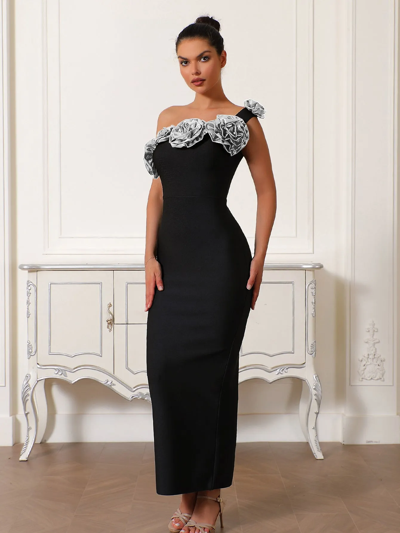 Sophisticated One-Shoulder Gold Floral Embellished Bodycon Evening Dress