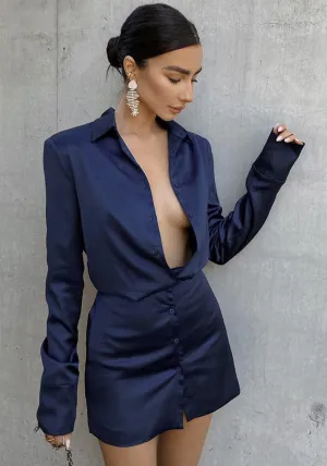 Sophisticated Satin Long Sleeve Button-Up Shirt Dress