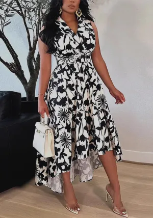 Sophisticated Sleeveless High-Low Dress with Bold Floral Print