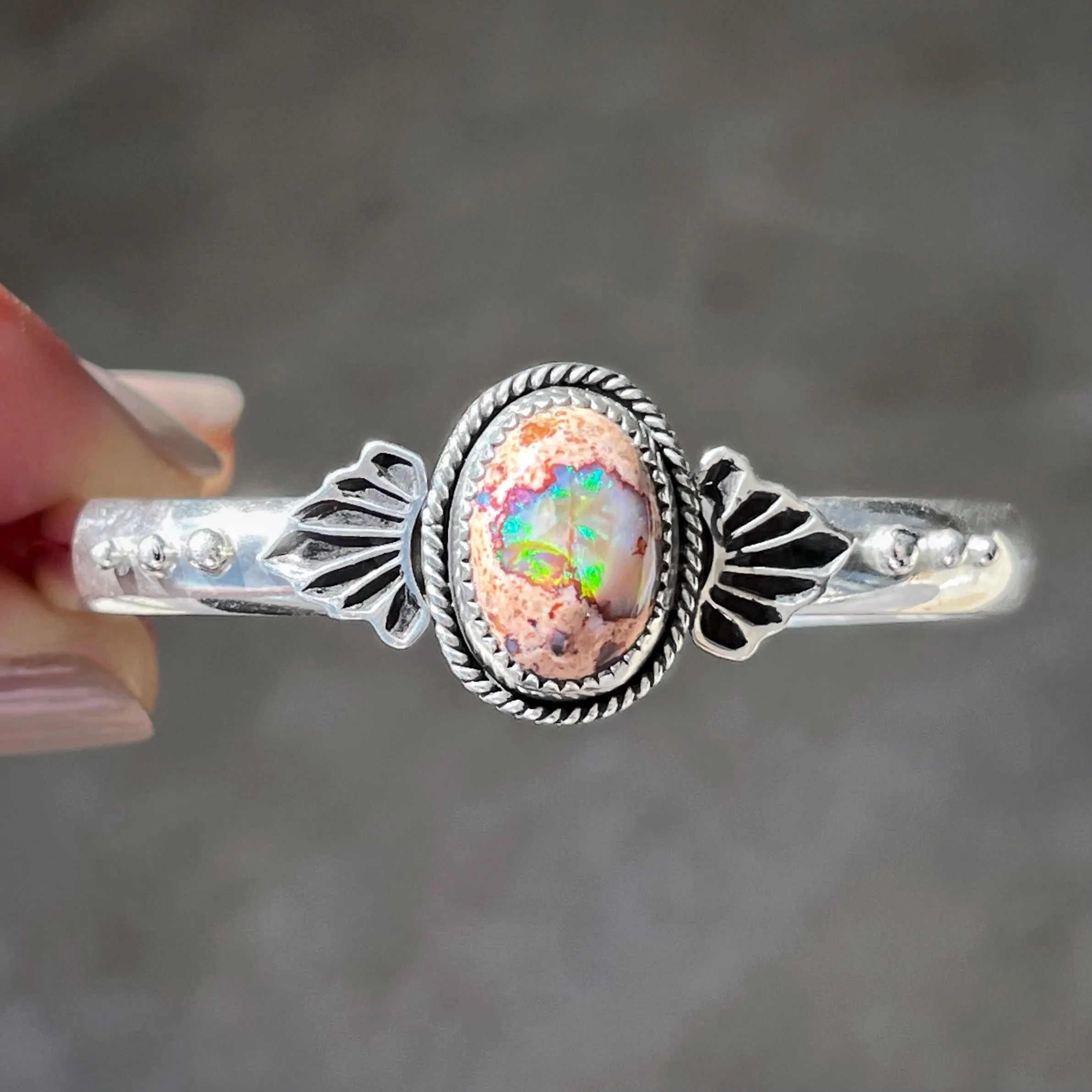 Stamped Mexican opal cuff in silver