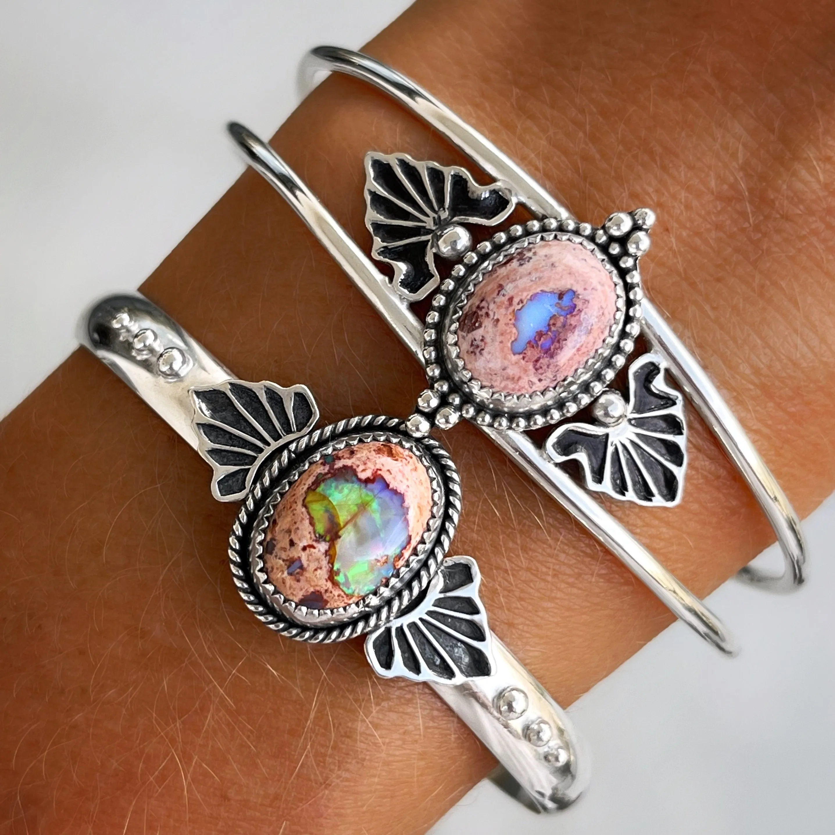 Stamped Mexican opal cuff in silver