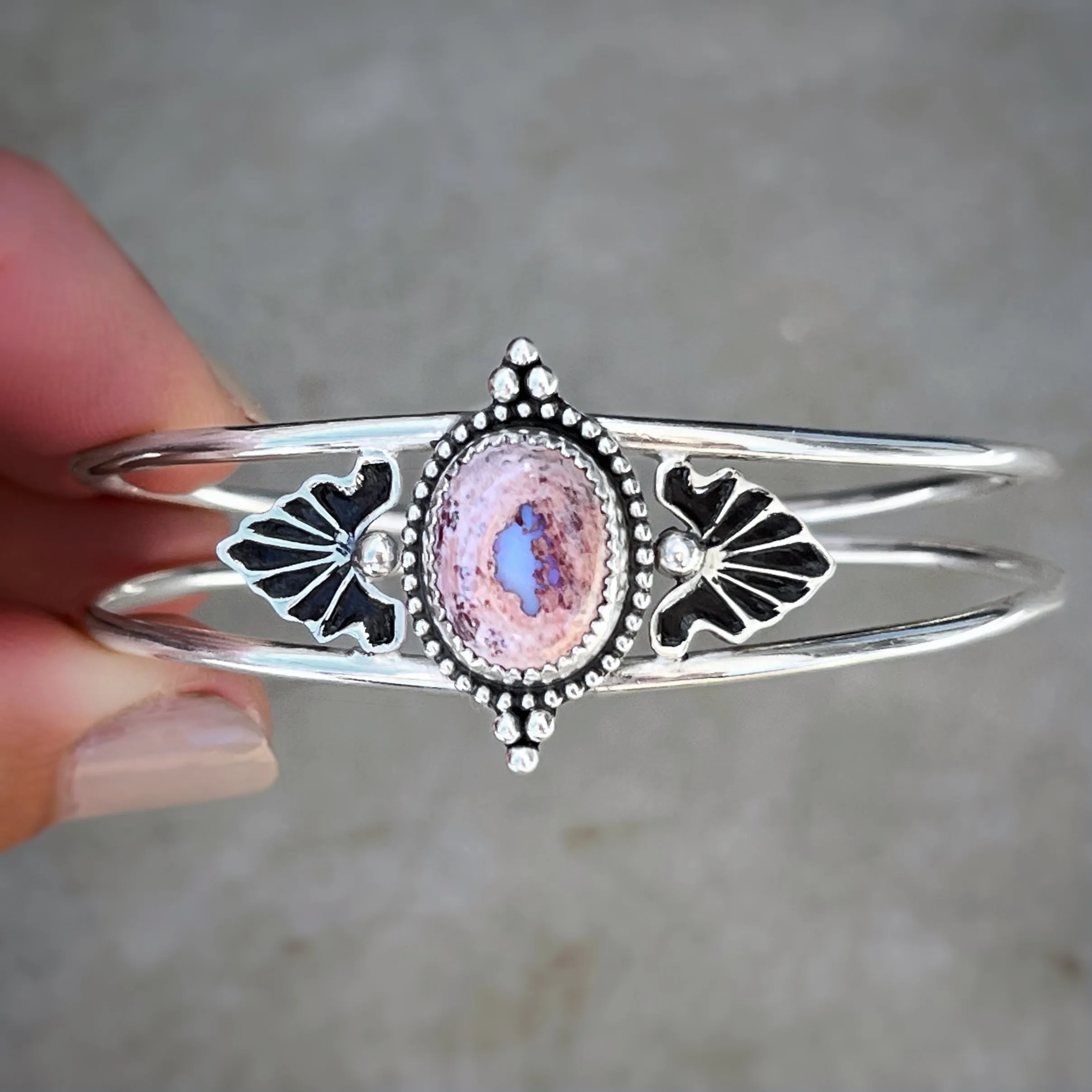 Stamped Mexican opal cuff in silver