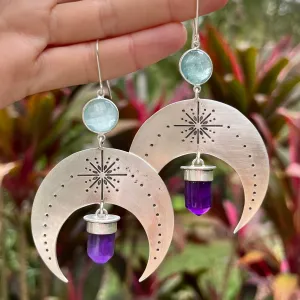 Stamped silver moon earrings with aqua quartz & amethyst
