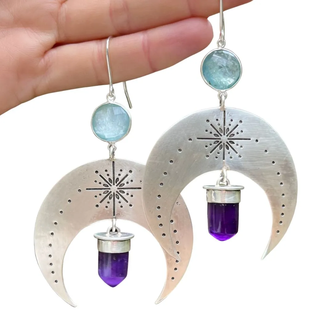 Stamped silver moon earrings with aqua quartz & amethyst