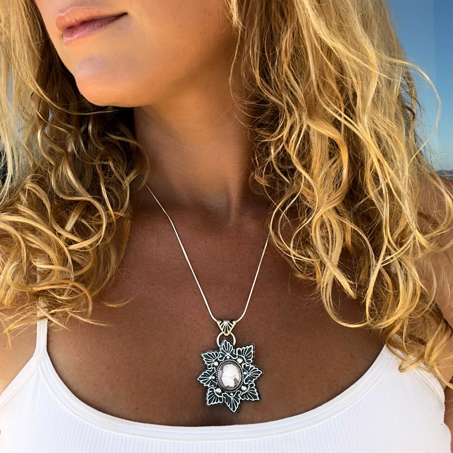 Stamped star necklace with hydrophane opal